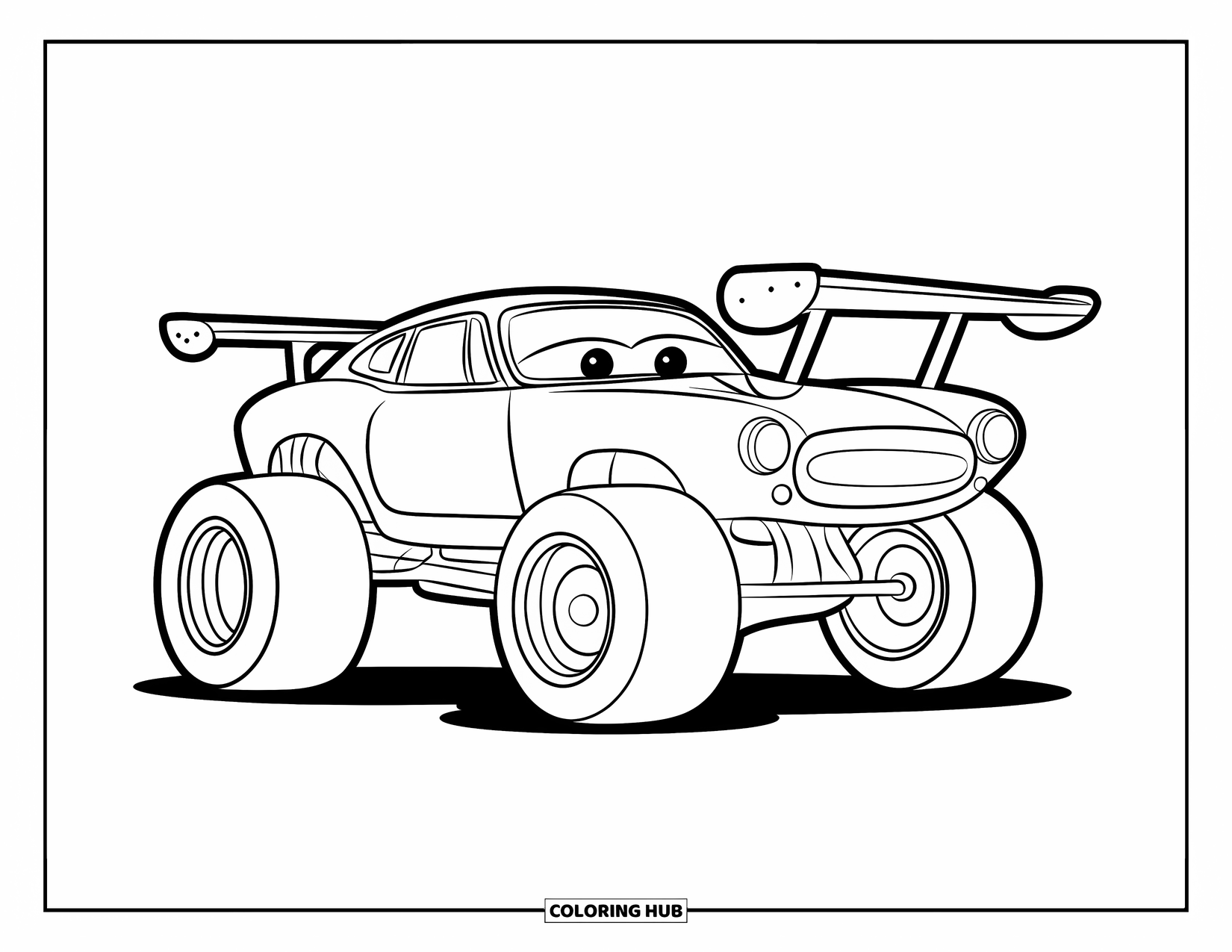 Derby Car Coloring Page for Kids: A powerful car with big wheels and a spoiler takes the spotlight