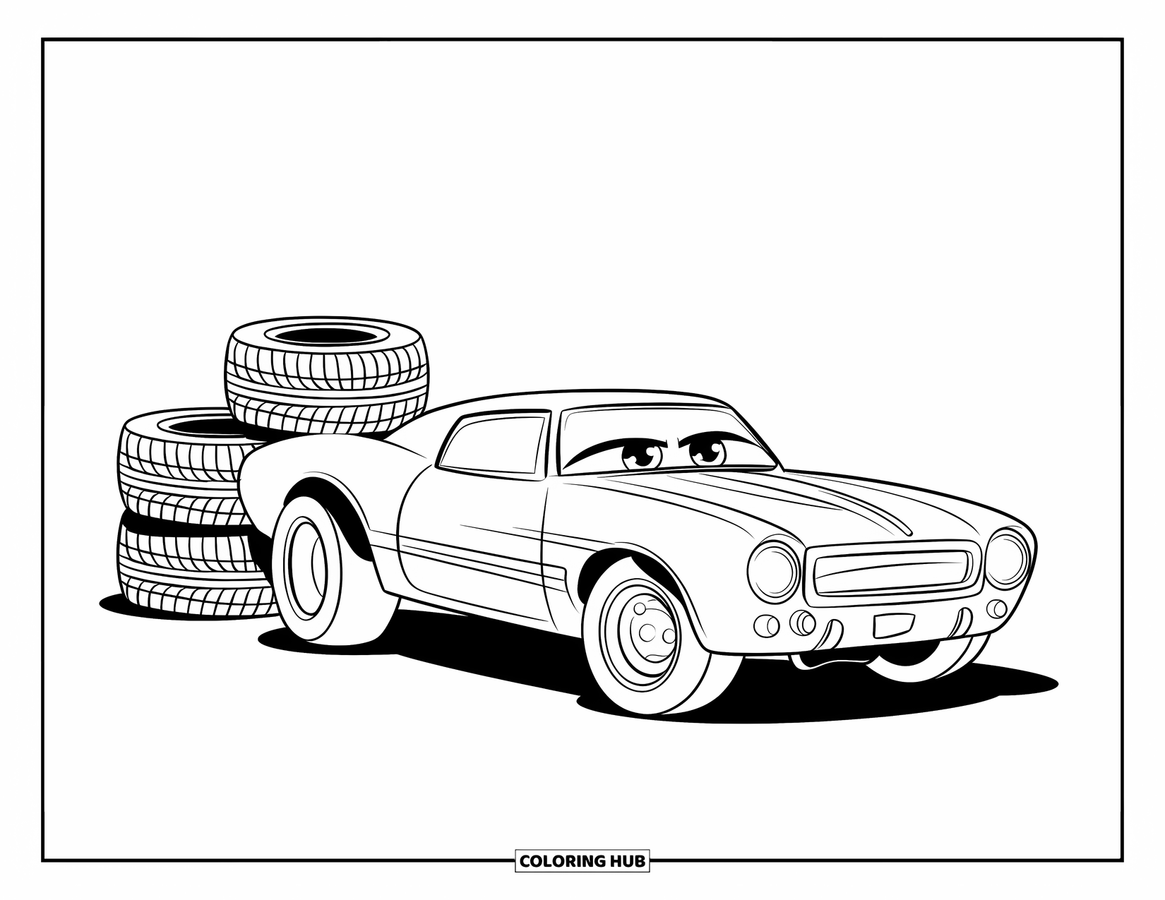 Derby Car Coloring Page for Kids: A race car in a pit stop with extra tires nearby
