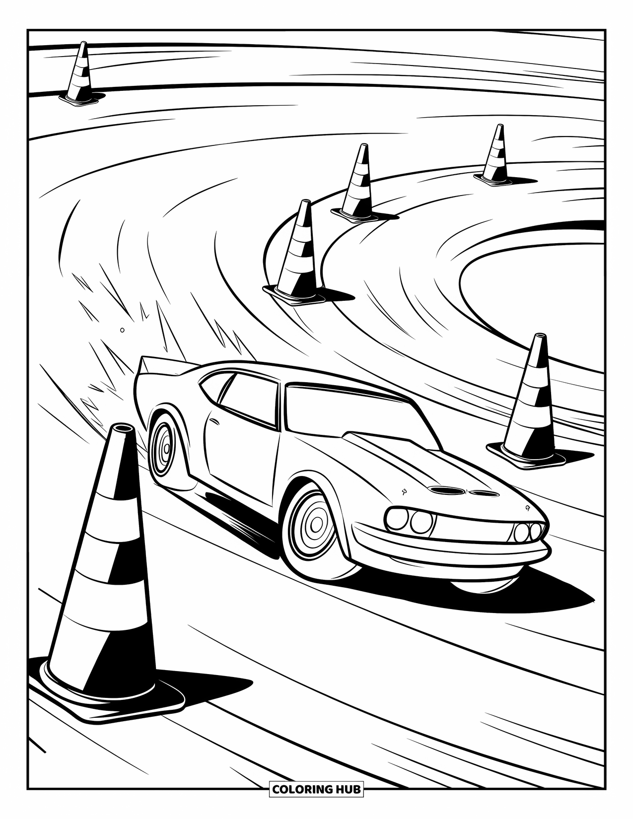 Derby Car Coloring Page for Kids: A race car lifts its tires while drifting around traffic cones