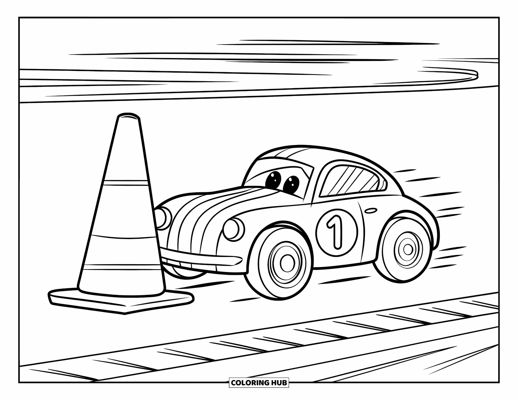 Derby Car Coloring Page for Kids: A red car with a number 1 zips by a yellow cone