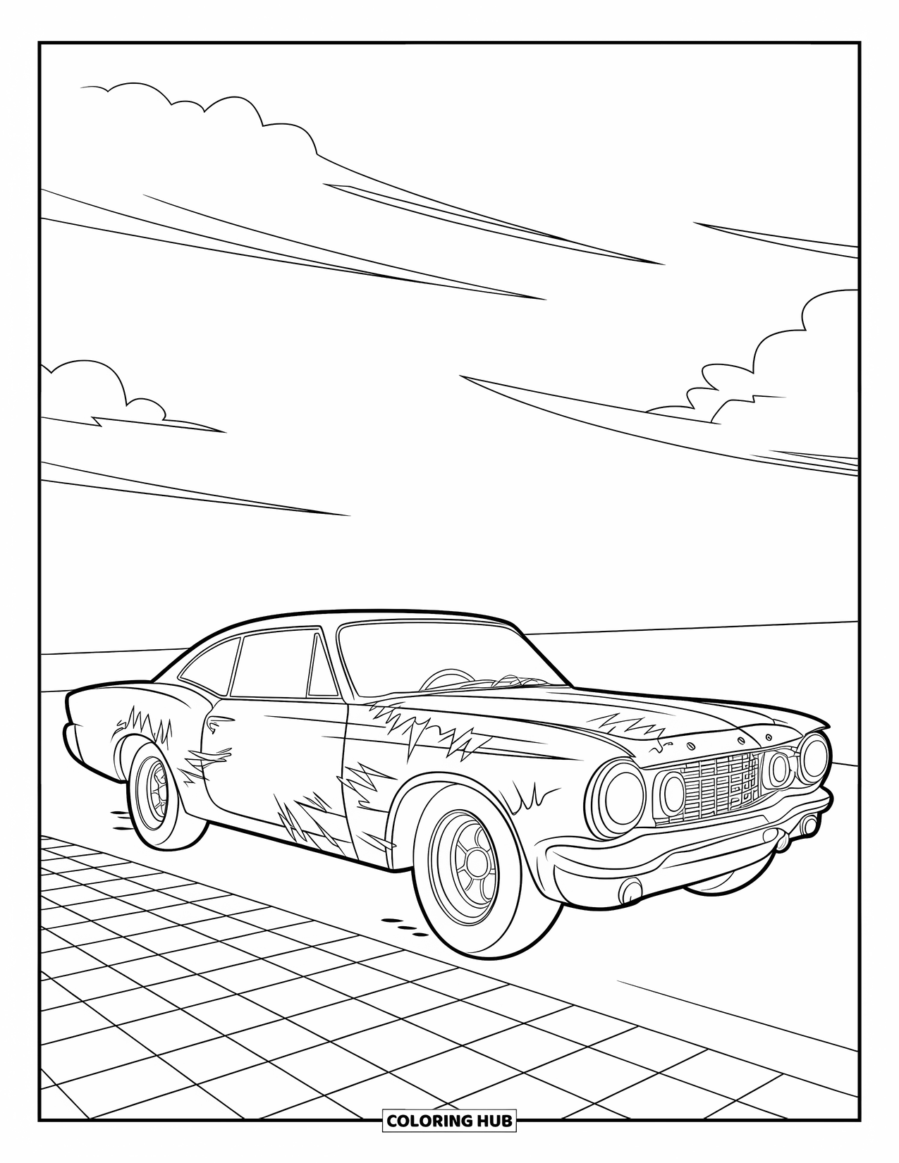 Derby Car Coloring Page for Kids: A shiny car with dents parks under fluffy clouds