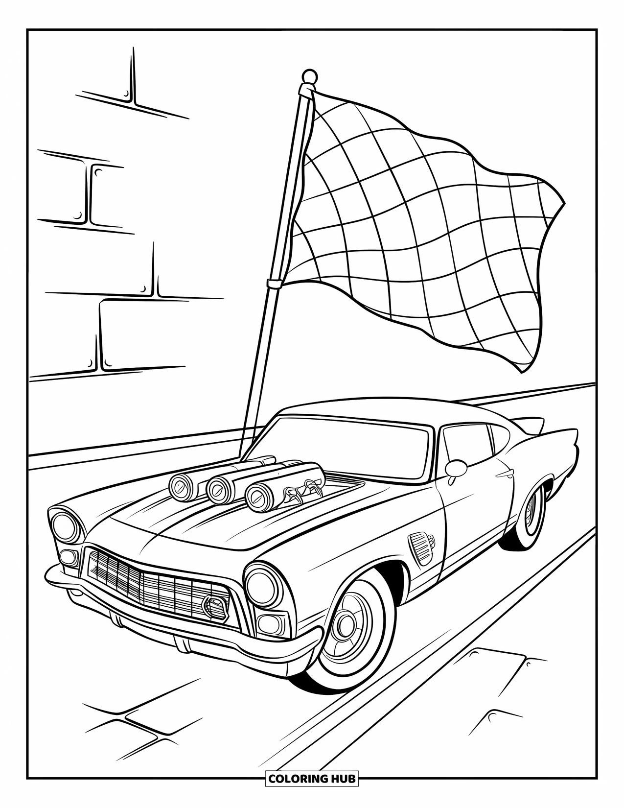 Derby Car Coloring Page for Kids: A sleek car stands by a checkered flag and a brick wall