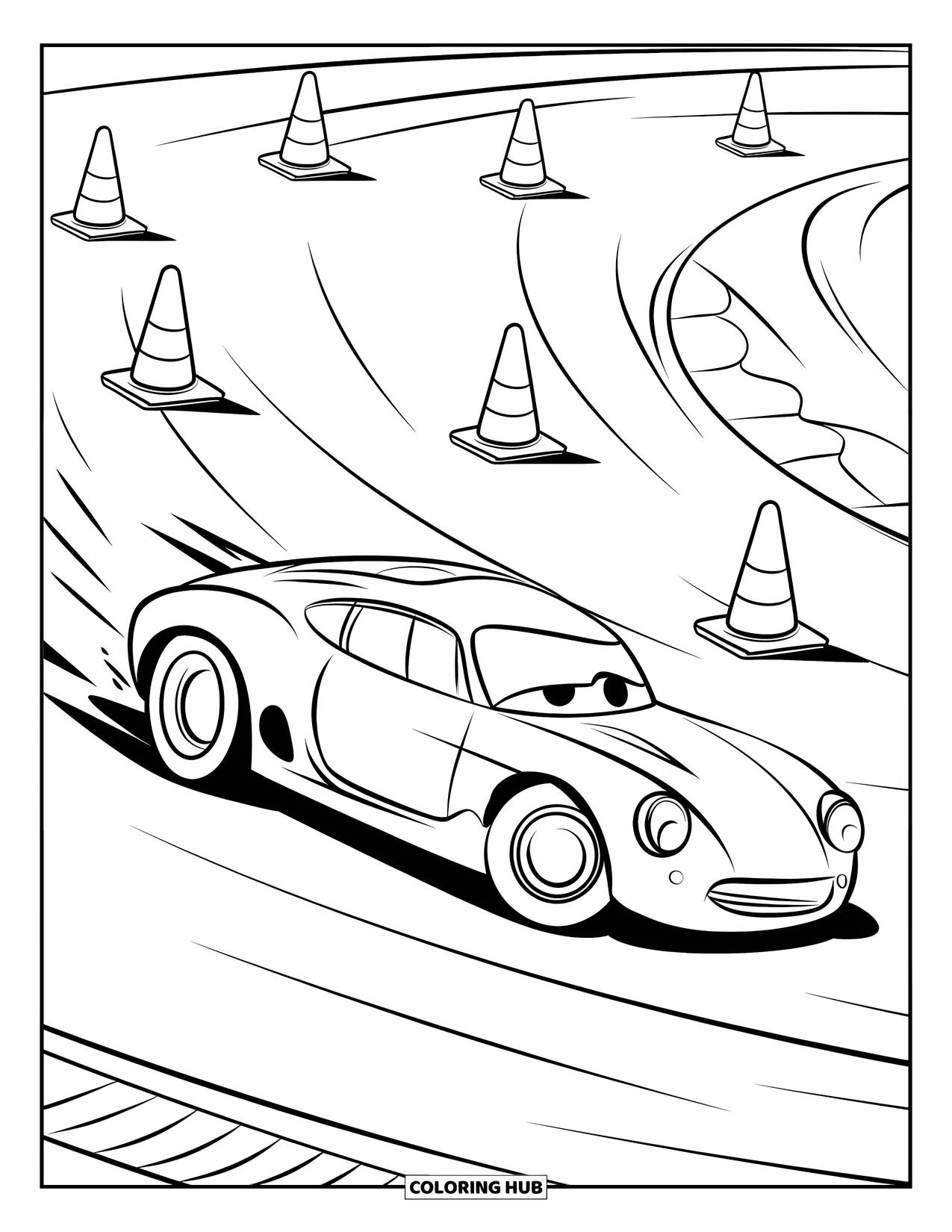 Derby Car Coloring Page for Kids: A smooth derby car glides through a cracked race track and cones