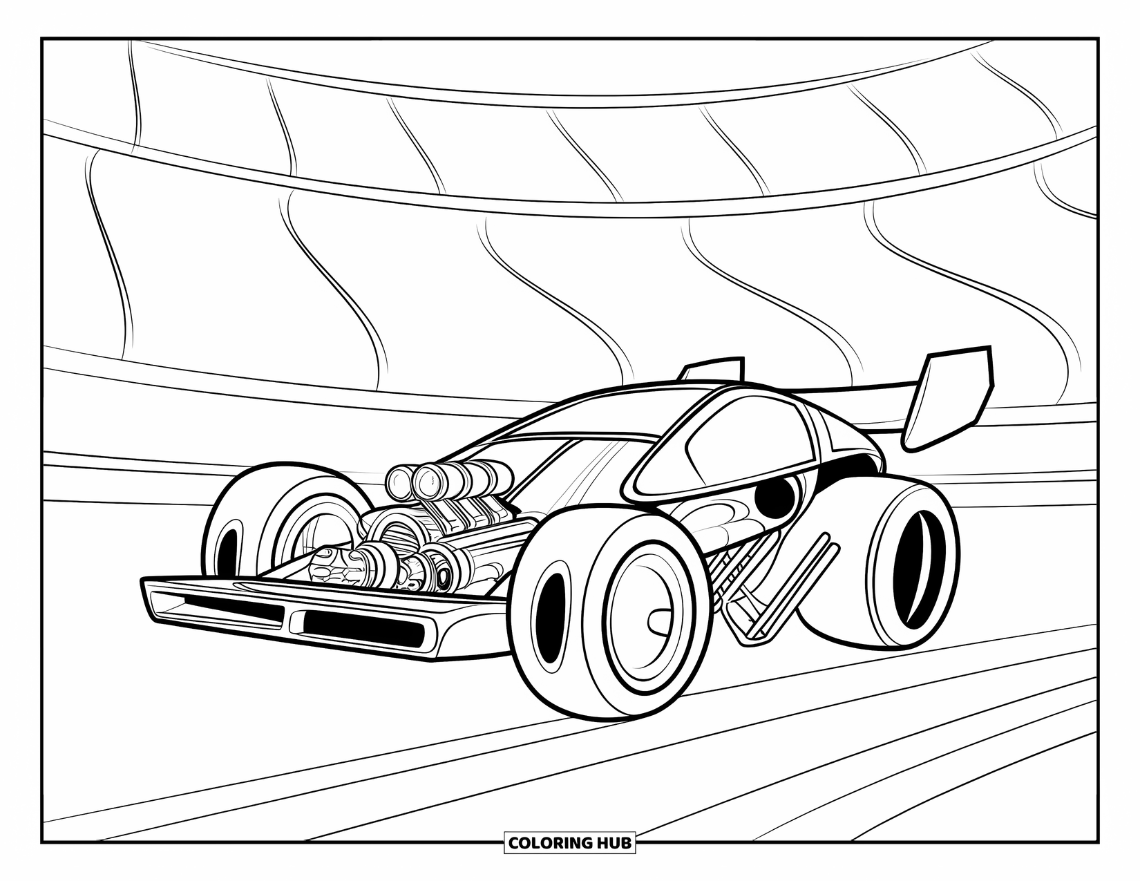 Derby Car Coloring Page for Kids: A sporty red race car with black wheels speeding around a stadium track