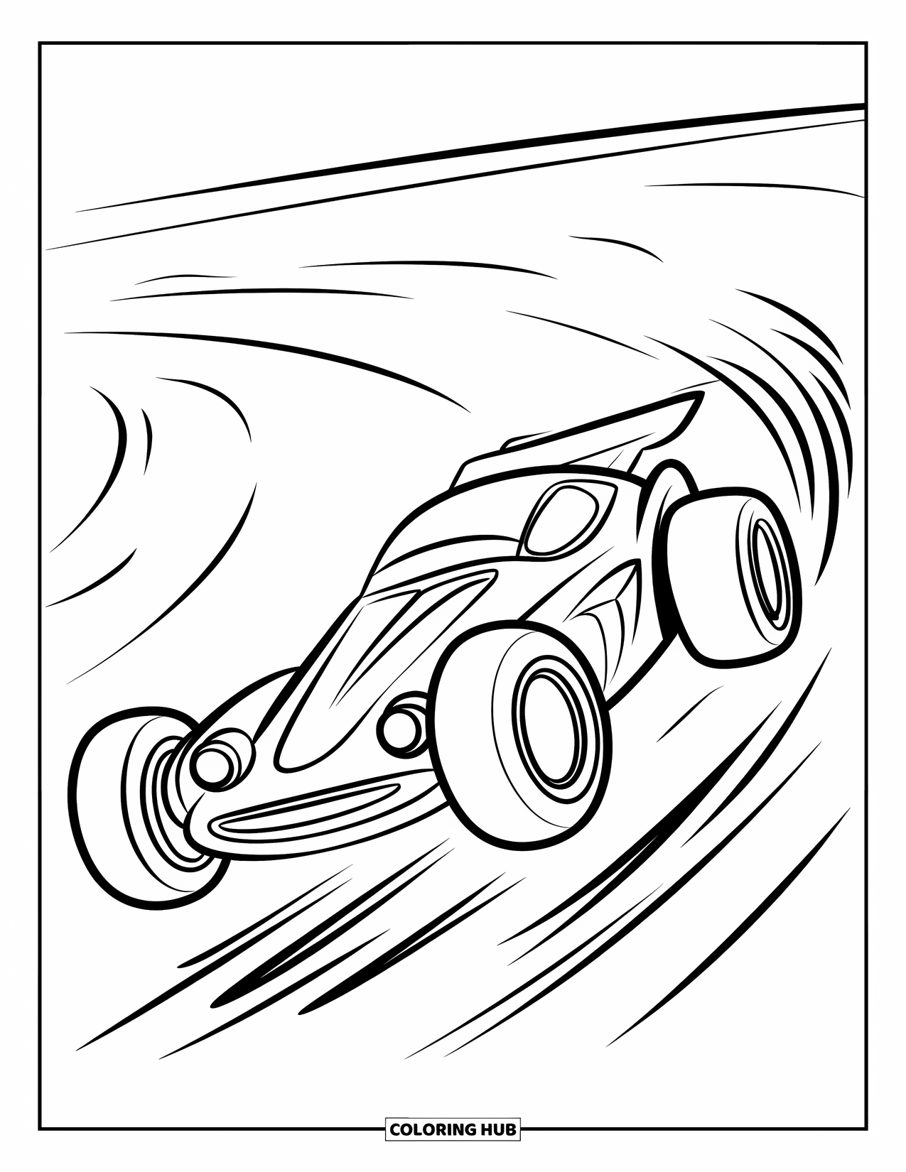 Derby Car Coloring Page for Kids: A streamlined derby car soars mid-jump with motion lines behind