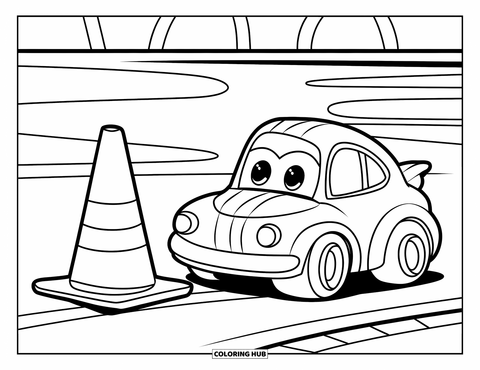 Derby Car Coloring Page for Kids: A tiny derby car smiles while driving past a safety cone