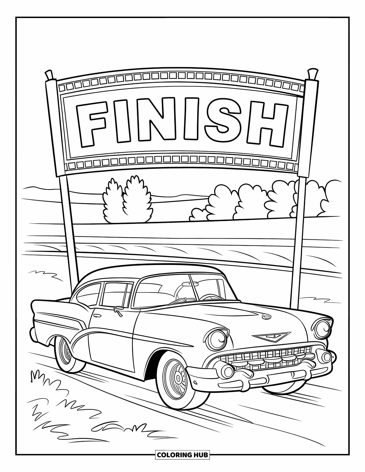 Derby Car Coloring Page for Kids: A vintage race car stands near a red-and-white finish flag