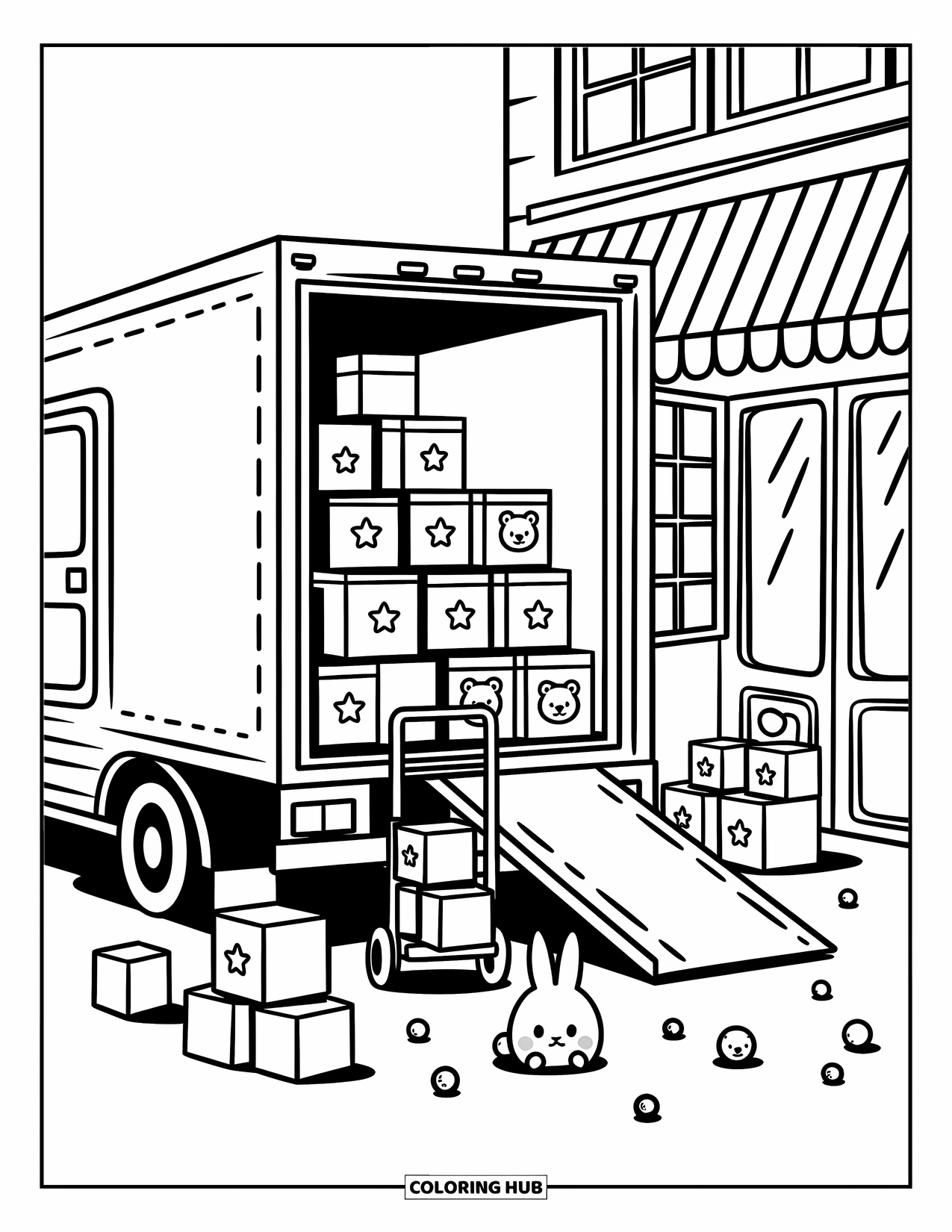 Diesel Truck Coloring Page for Adults: Box truck unloads toy-filled boxes outside a cheerful toy shop
