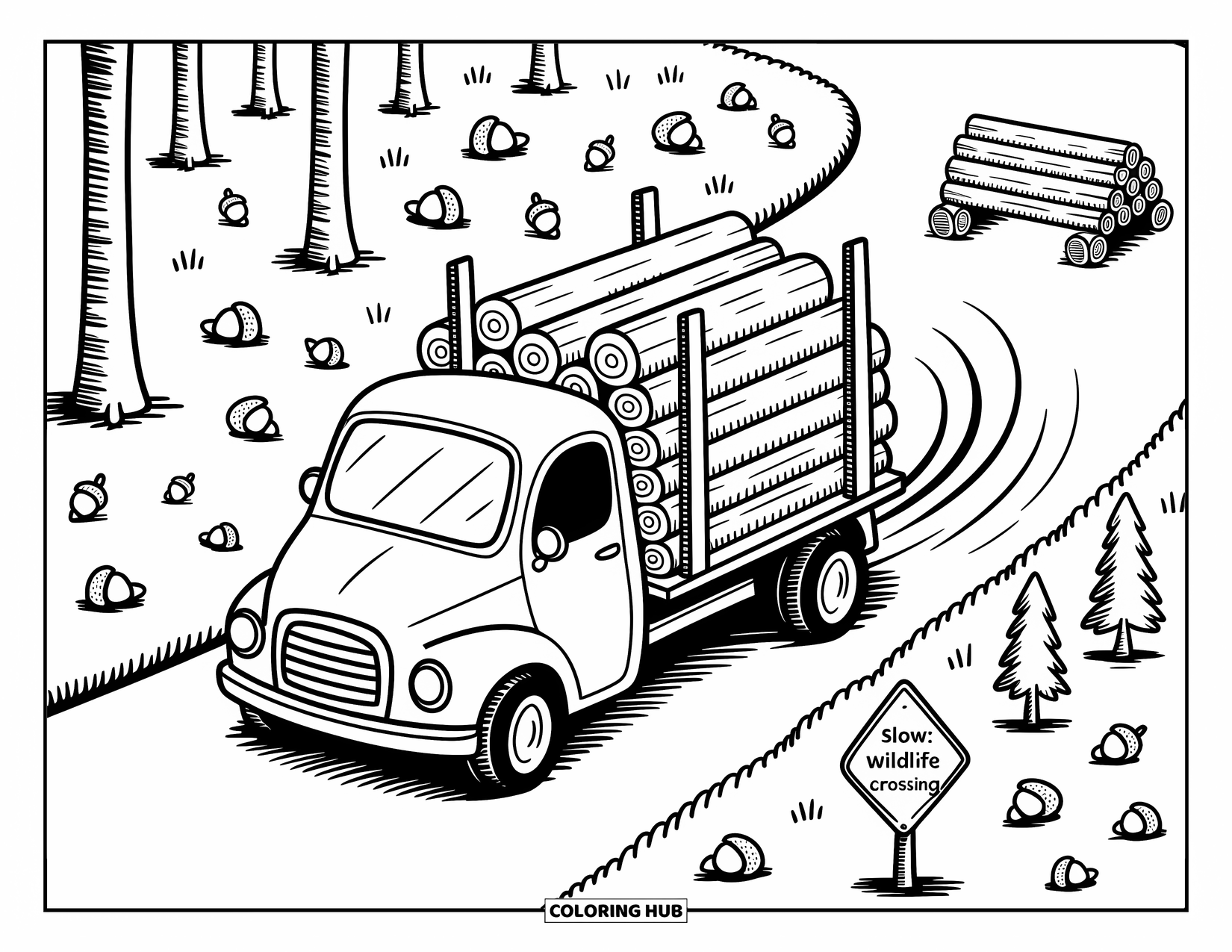 Diesel Truck Coloring Page for Adults: Compact log truck drives past pines, acorns, and a tiny wildlife sign