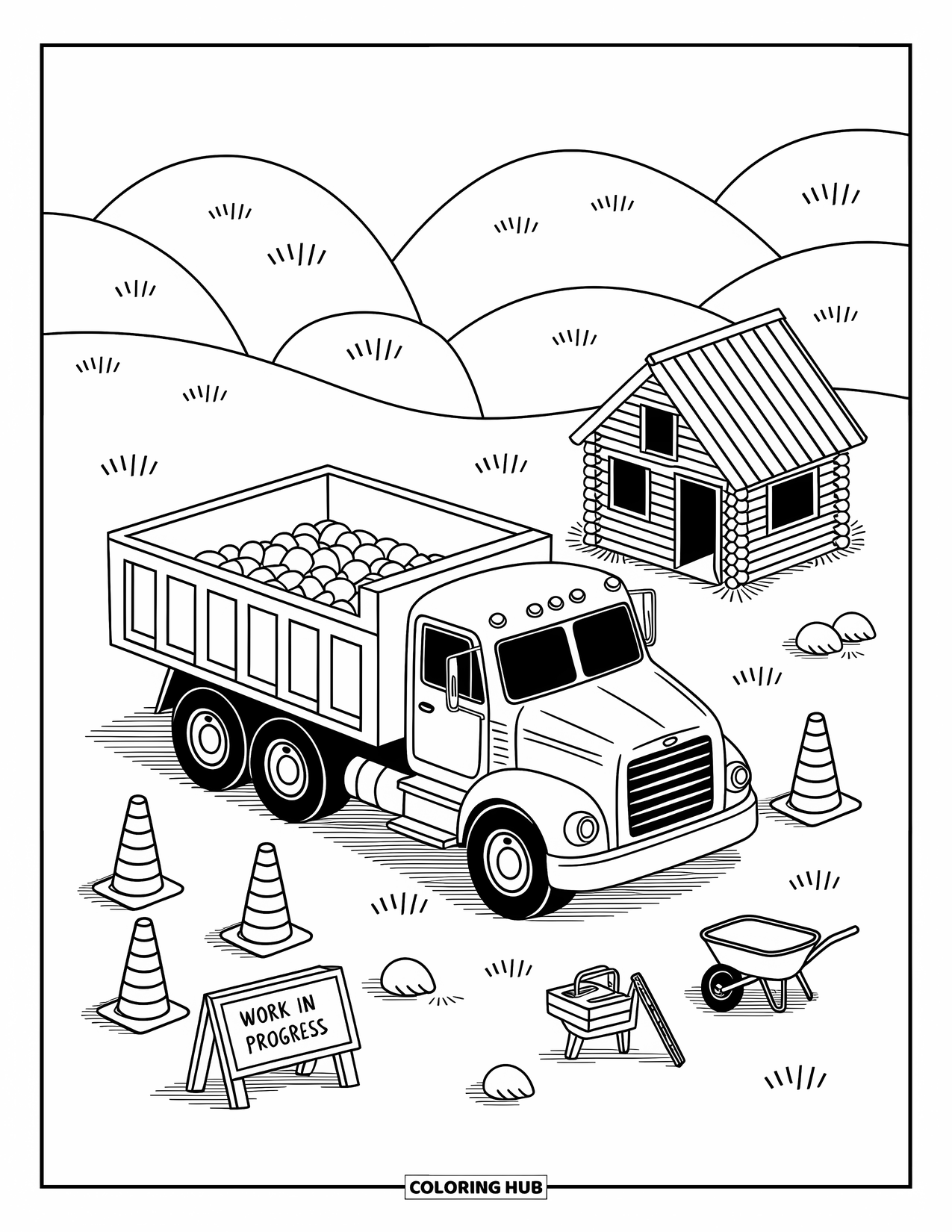 Diesel Truck Coloring Page for Adults: Diesel dump truck unloads stones beside a wheelbarrow and a "Work in Progress" sign
