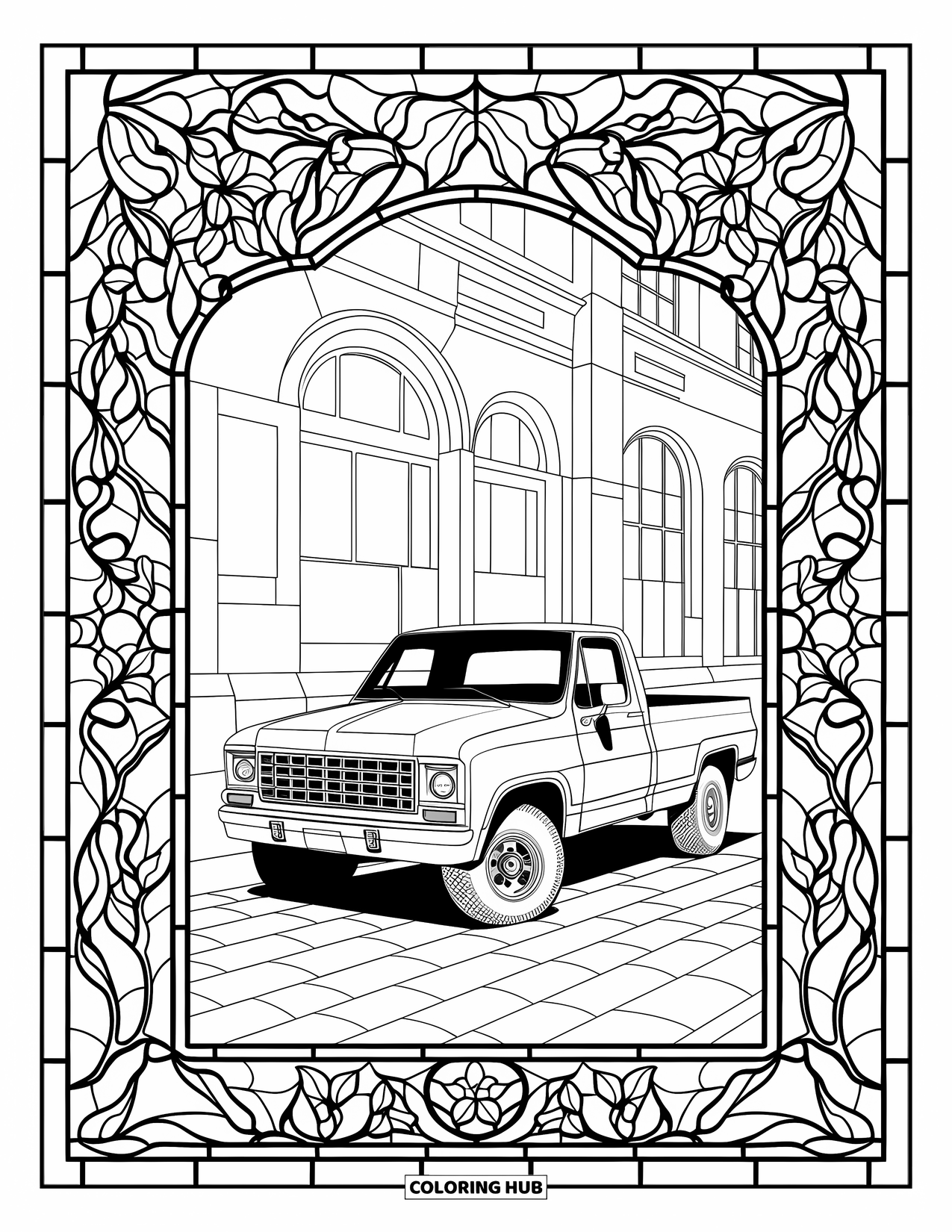 Diesel Truck Coloring Page for Adults: Diesel pickup in stained glass border with cobblestone road and brick building