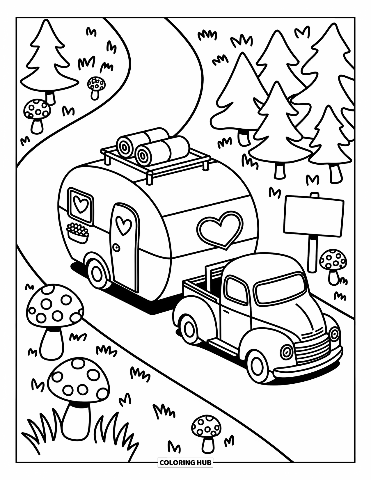 Diesel Truck Coloring Page for Adults: Diesel tow truck hauls a small camper trailer along a winding forest road