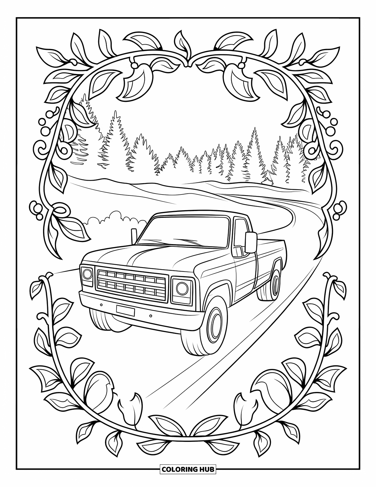 Diesel Truck Coloring Page for Adults: Diesel truck drives past tall trees with ornate vine details