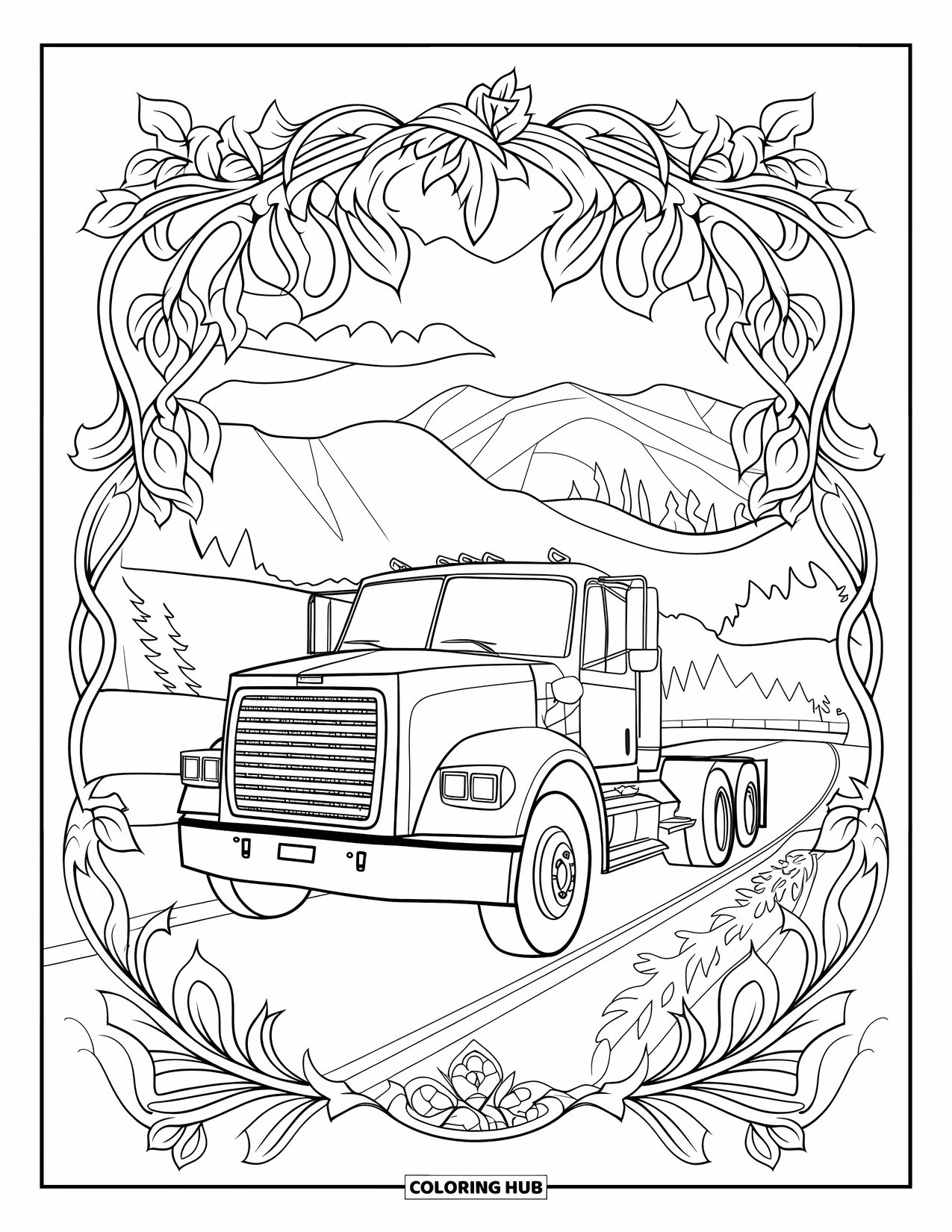 Diesel Truck Coloring Page for Adults: Diesel truck drives through vines and floral patterns on a scenic road