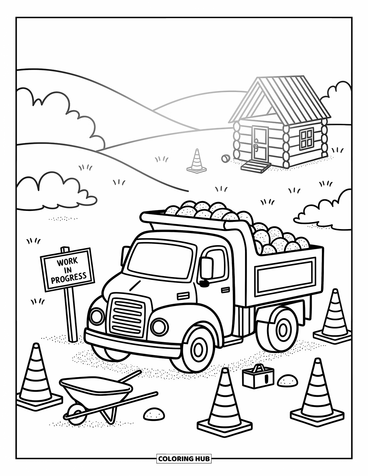 Diesel Truck Coloring Page for Adults: Dump truck parked by cones and tools with gravel spilling from its bed