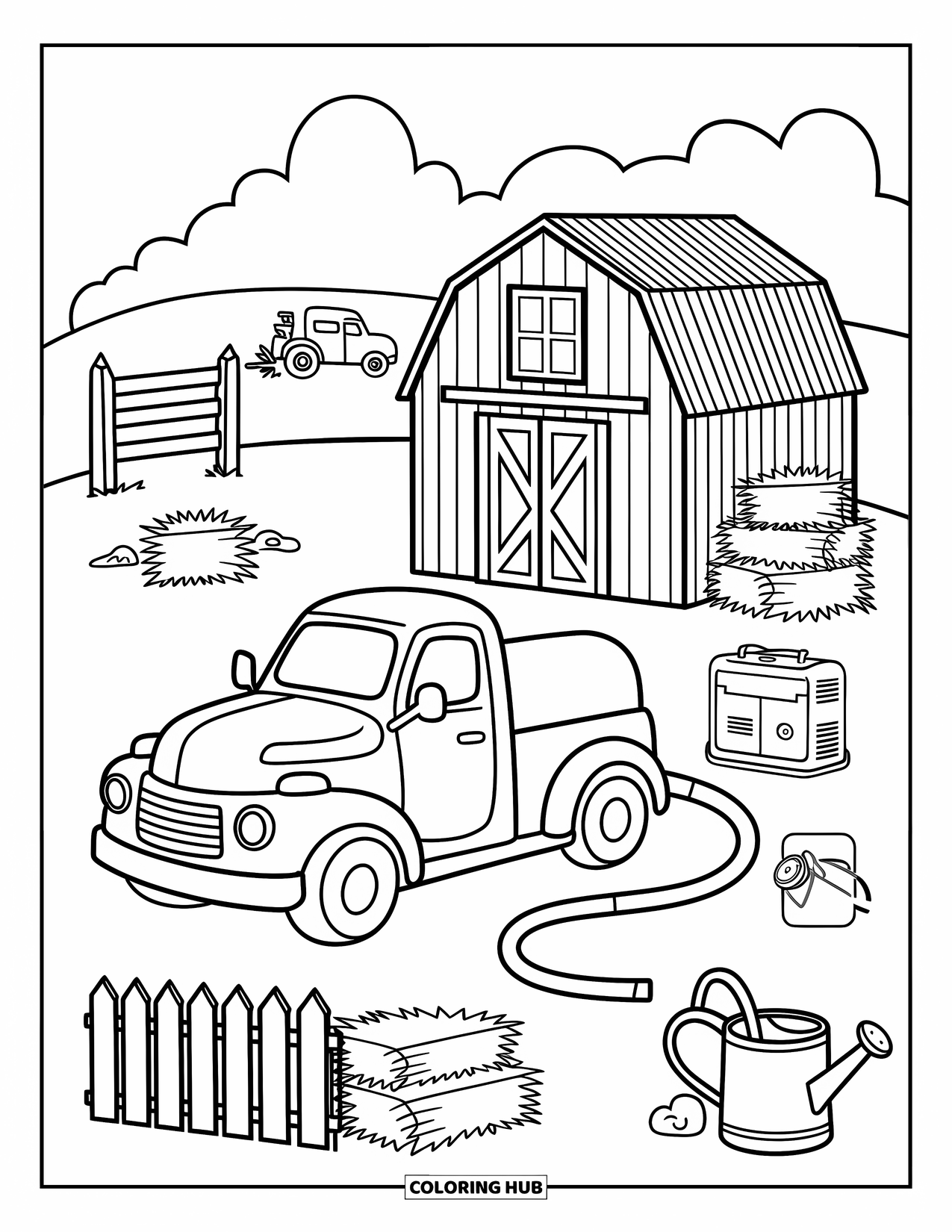 Diesel Truck Coloring Page for Adults: Fuel truck with rounded tanks sits near a barn, hay bales, and a tractor