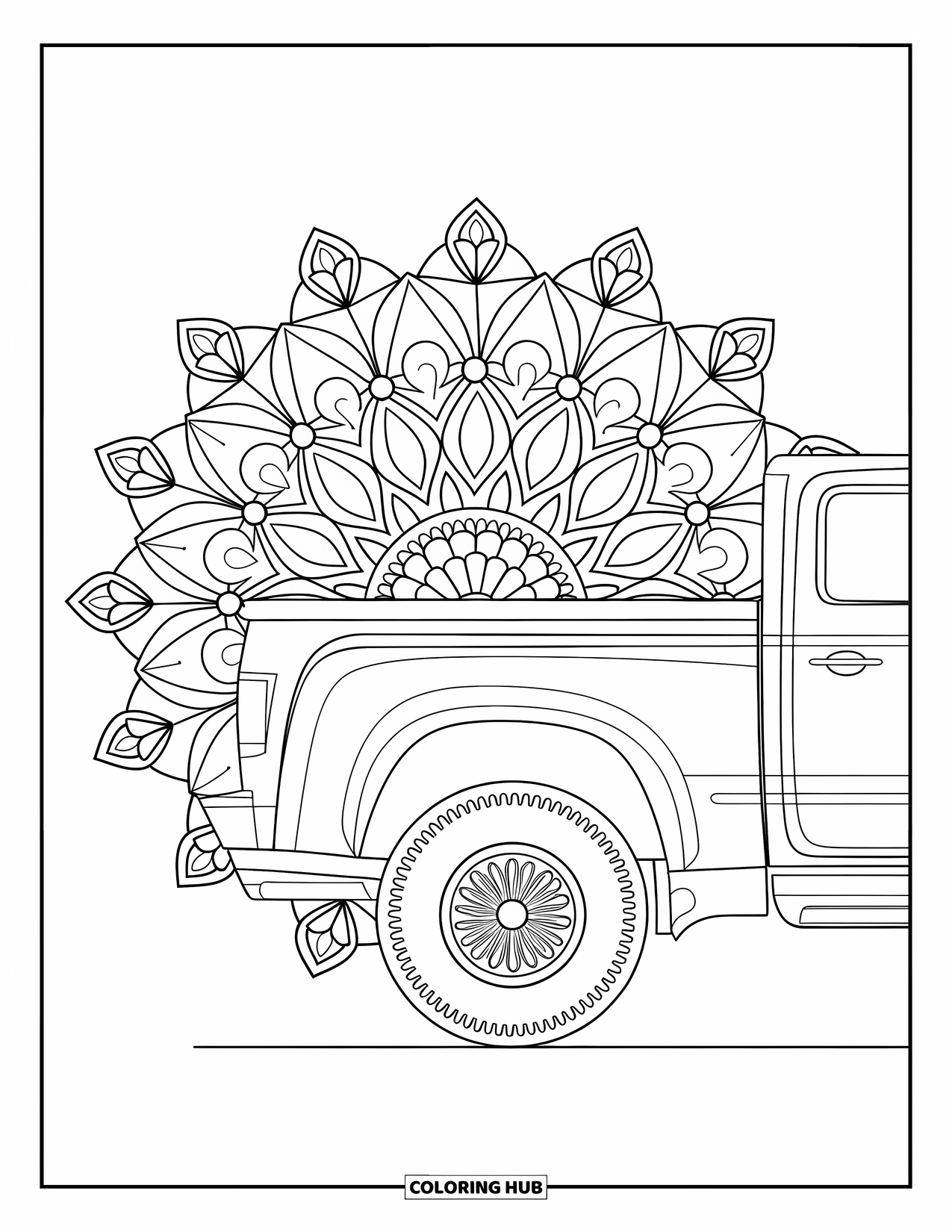 Diesel Truck Coloring Page for Adults: Side-profile truck with mandala flowers and leaves as a backdrop