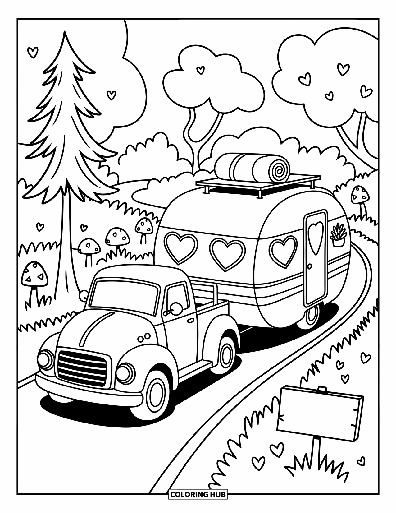 Diesel Truck Coloring Page for Adults: Tow truck gently pulls a camper trailer with heart windows and a flower pot