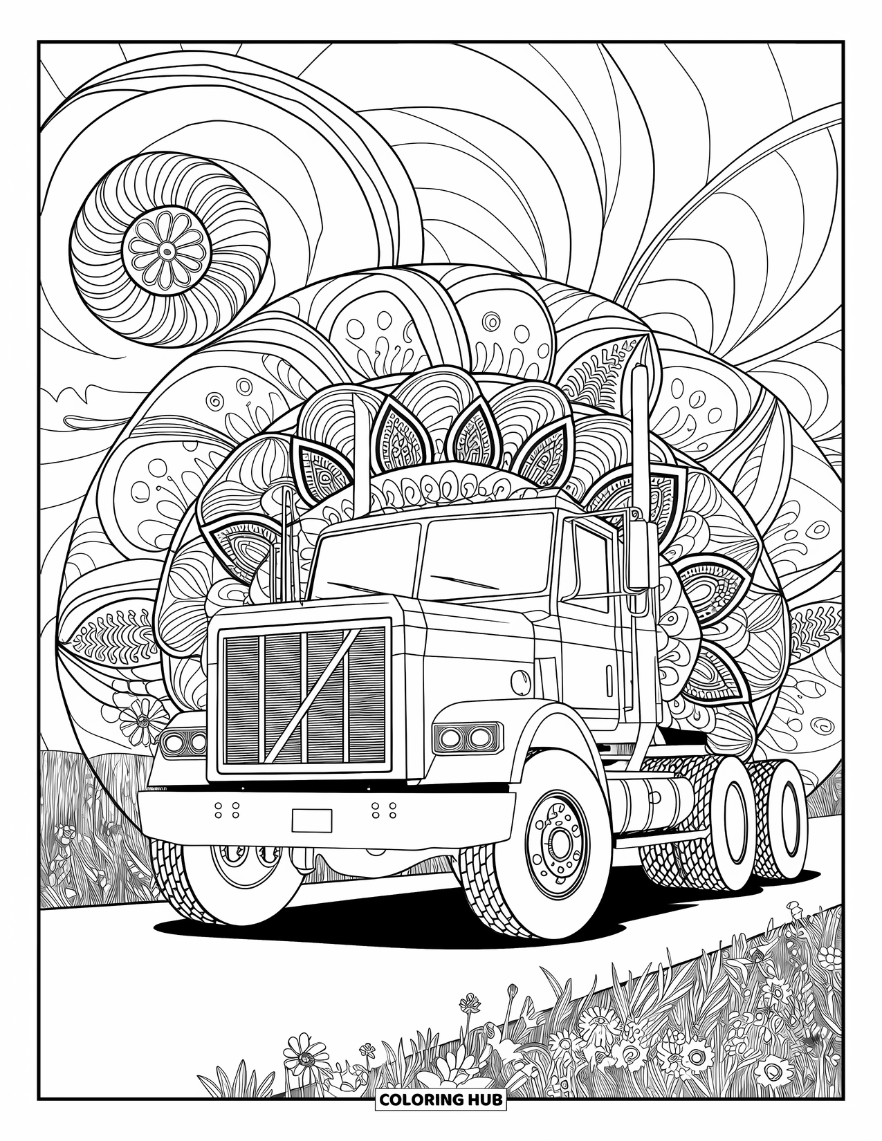 Diesel Truck Coloring Page for Adults: Truck on a road framed by intricate mandala leaves and wildflowers