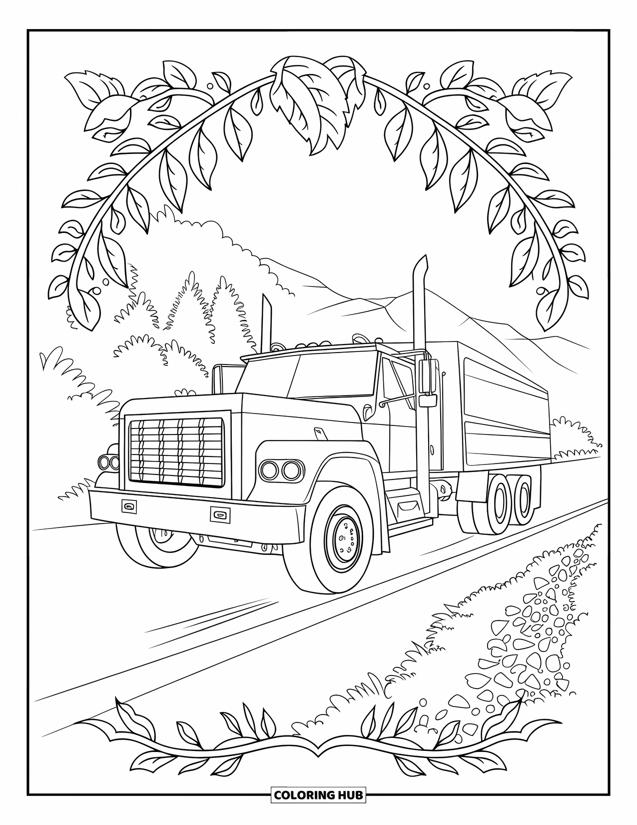 Diesel Truck Coloring Page for Adults: Truck with lifted wheels framed by decorative floral patterns