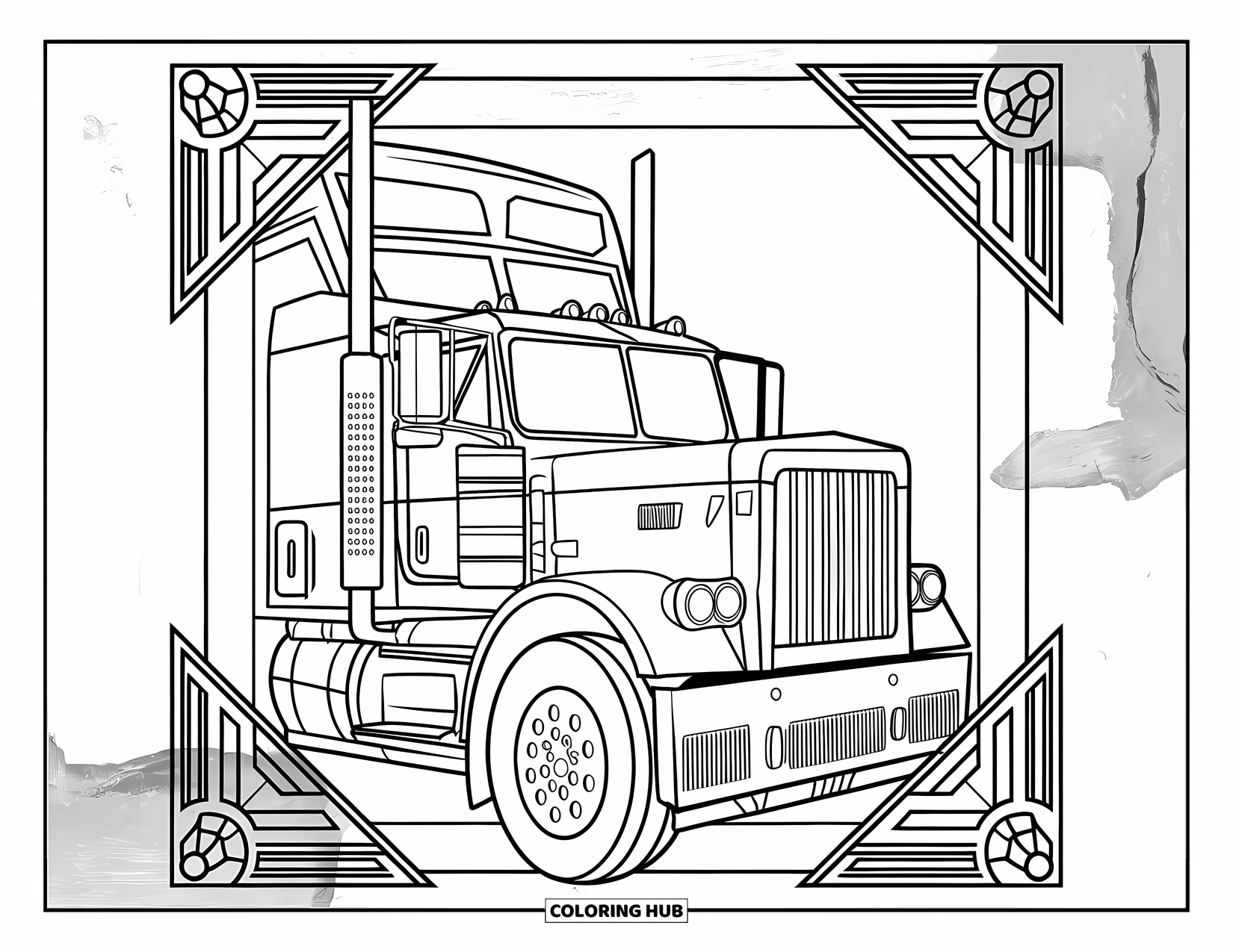 Diesel Truck Coloring Page for Adults: Truck with rivets and vents sits inside decorative corners