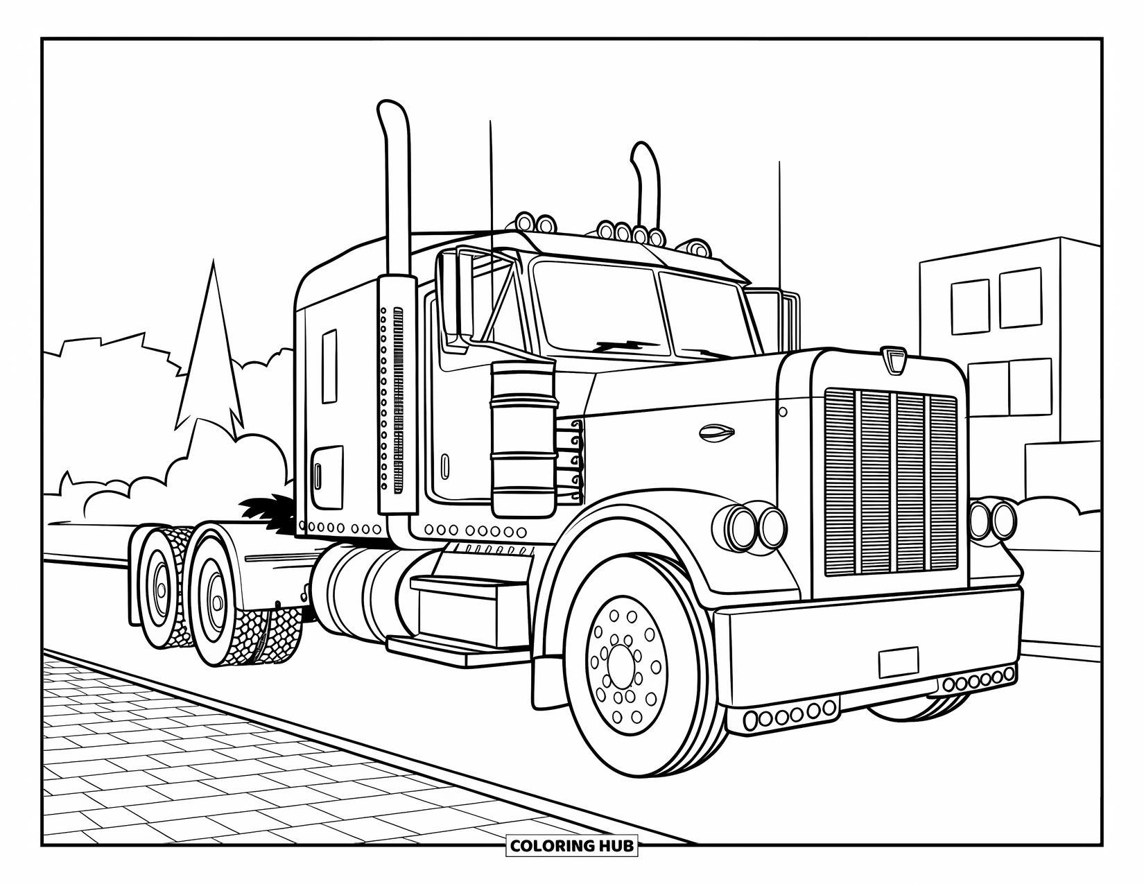 Diesel Truck Coloring Page for Adults: Truck with rivets rests in a bordered scene with trees and a building