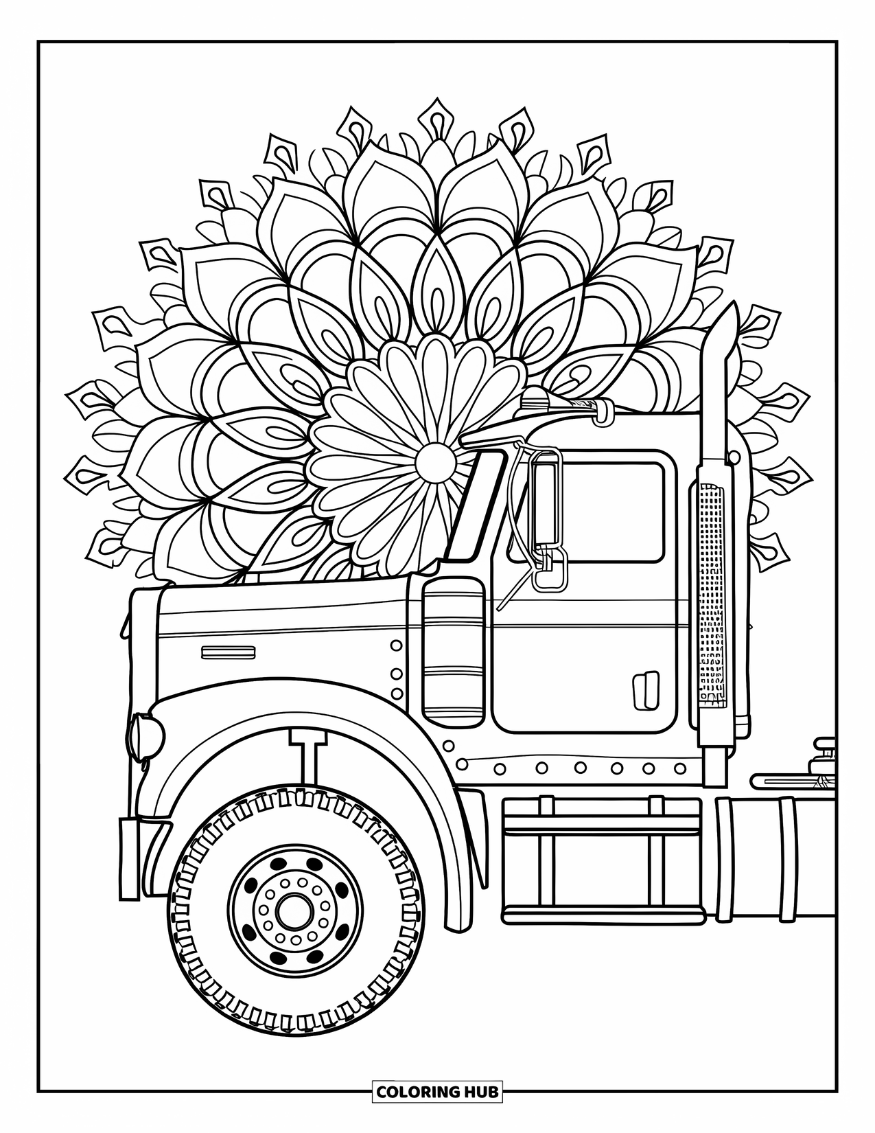 Diesel Truck Coloring Page for Adults: Truck with tire treads framed by mandala flowers and vines