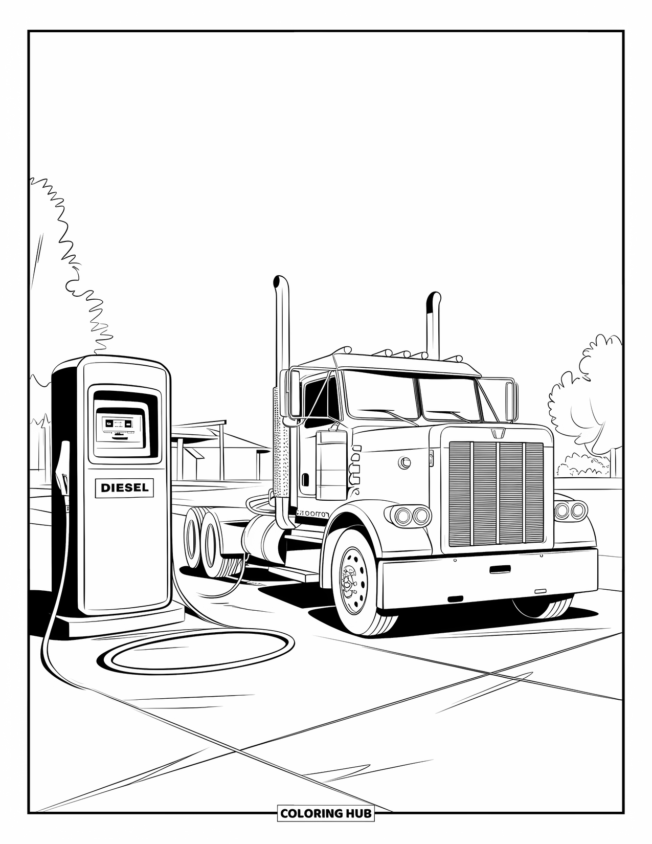 Diesel Truck Coloring Page for Kids: Diesel truck at fuel pump with simple background and trees