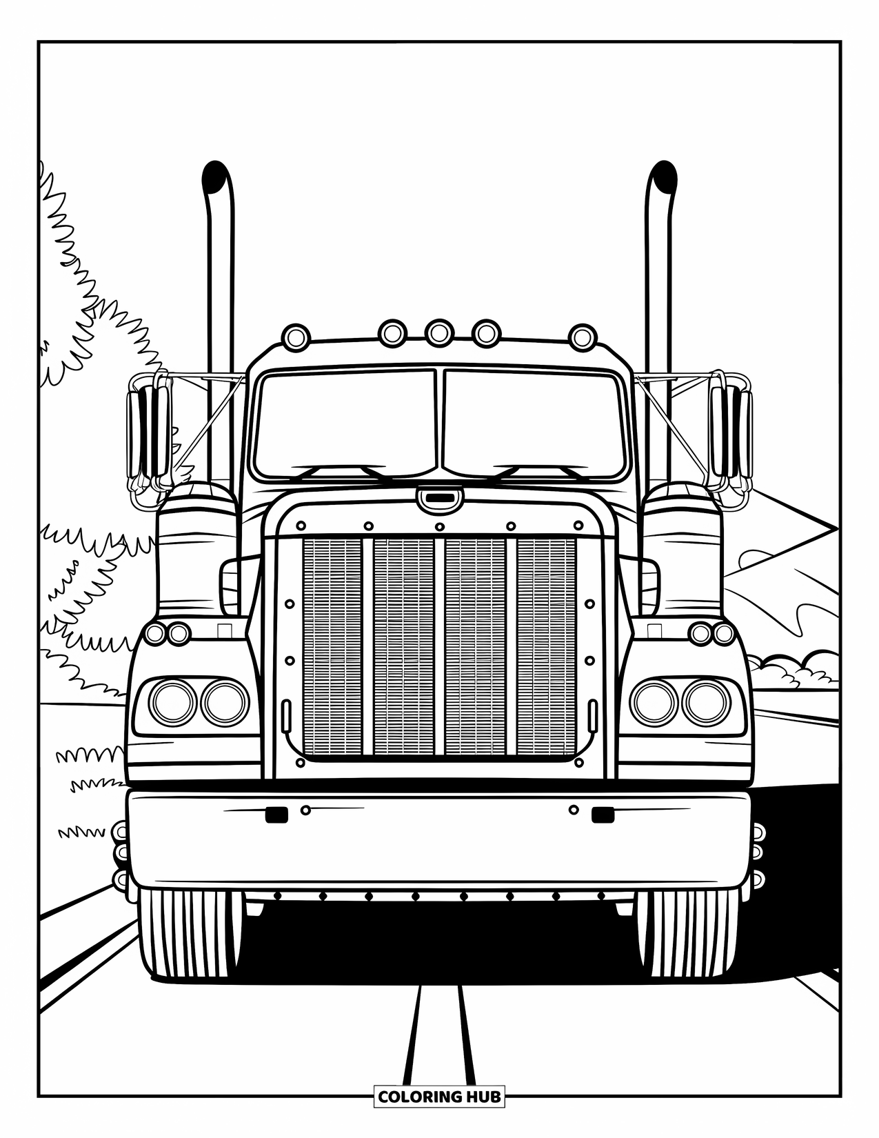Diesel Truck Coloring Page for Kids: Diesel truck front view with bold grille, trees, and mountains behind