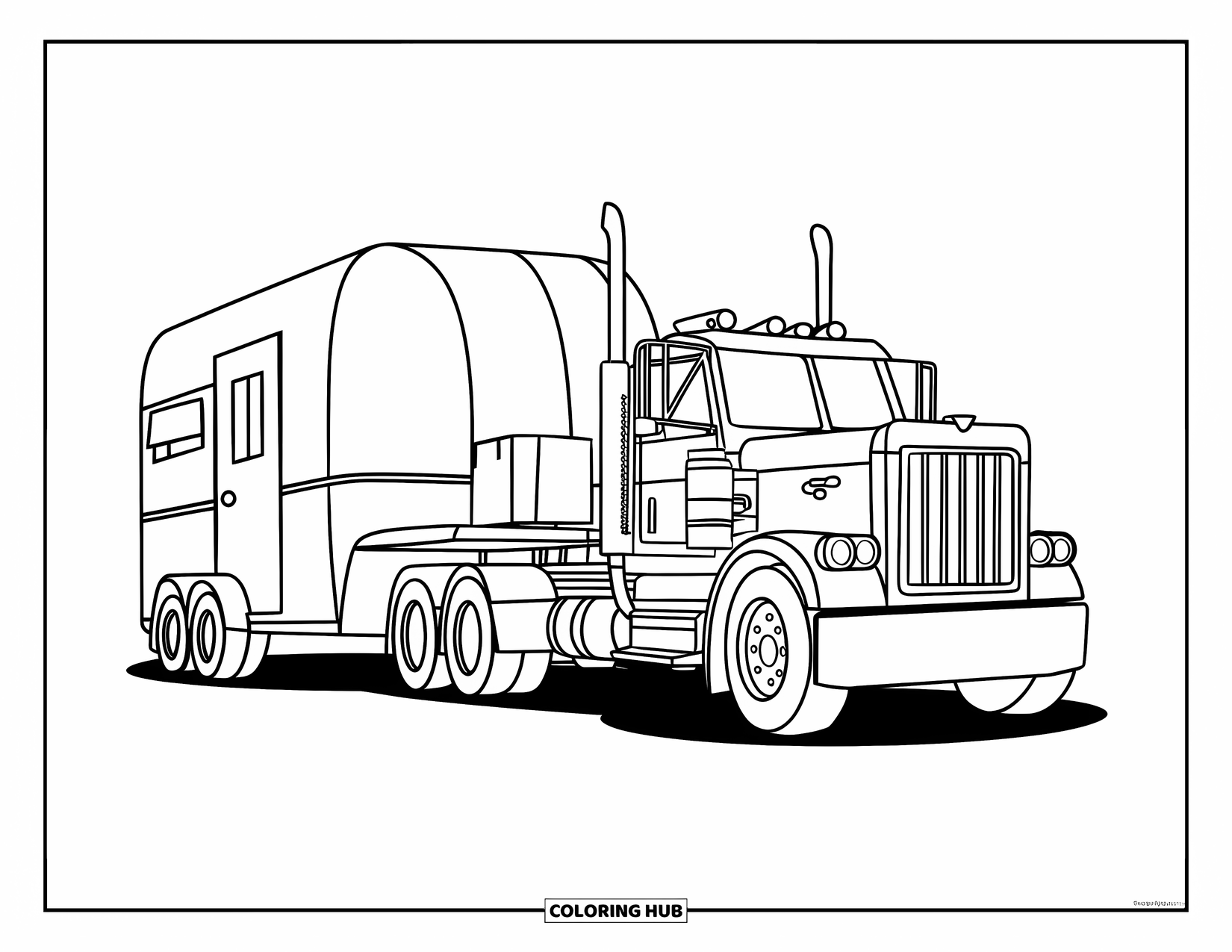 Diesel Truck Coloring Page for Kids: Diesel truck hauling small trailer with one box
