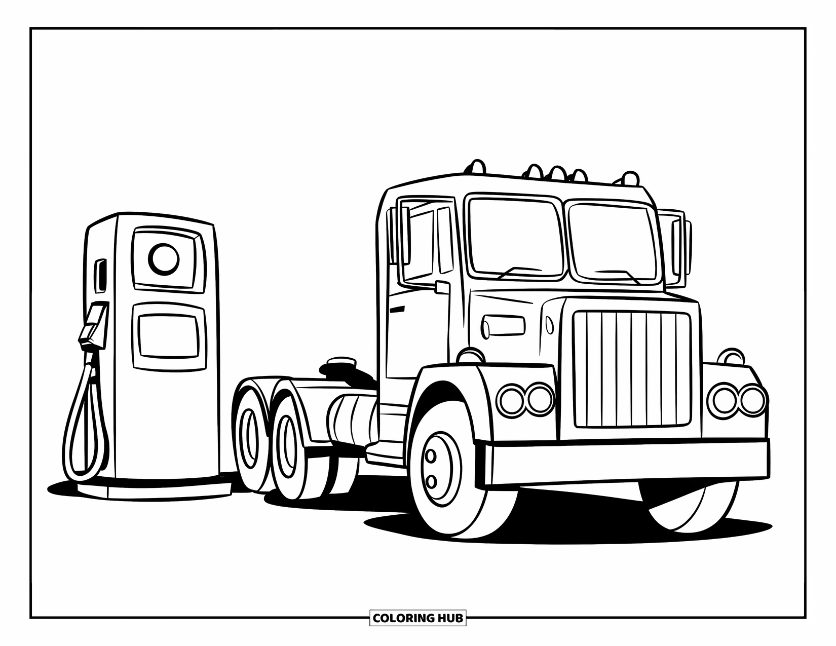 Diesel Truck Coloring Page for Kids: Diesel truck parked beside simple chunky gas pump