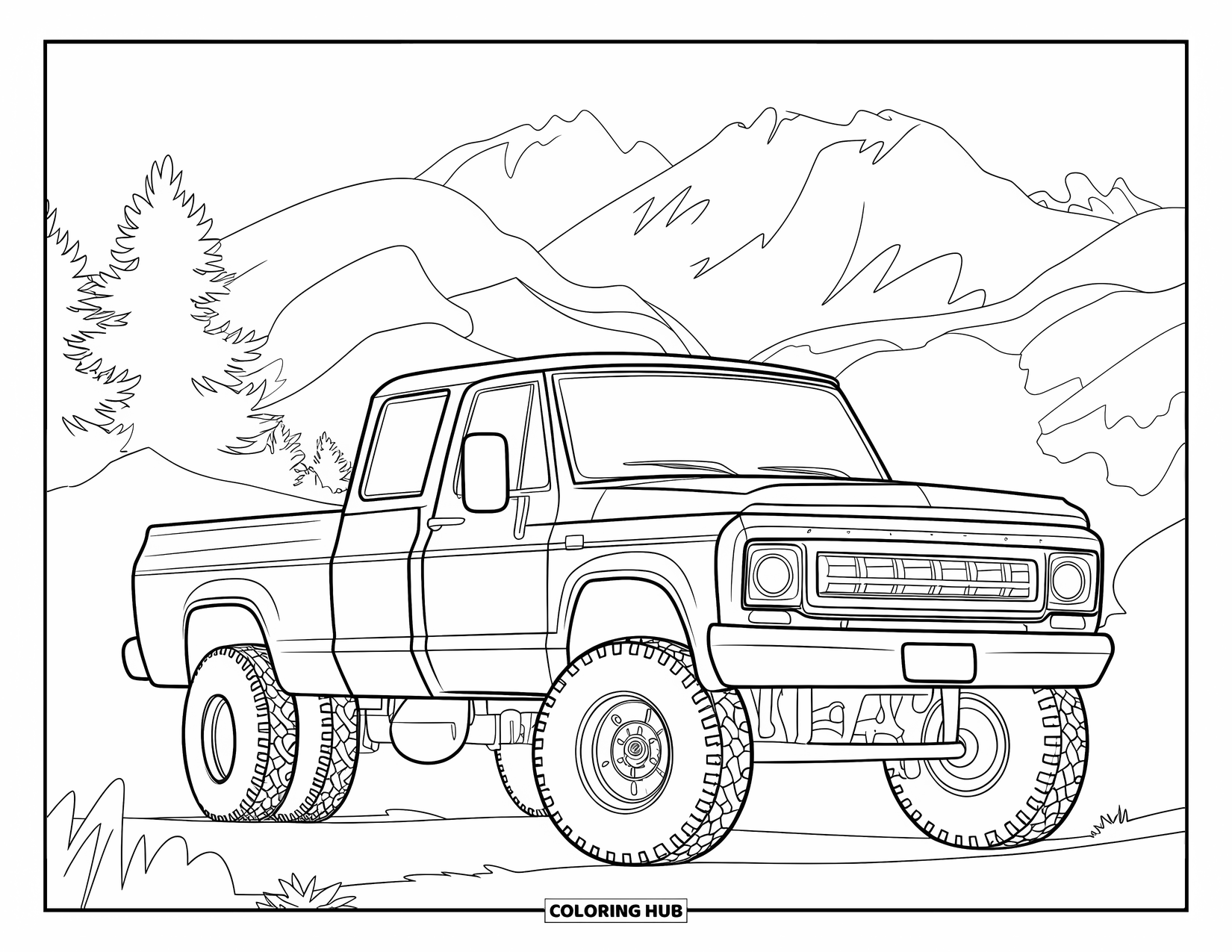 Diesel Truck Coloring Page for Kids: Diesel truck parked near mountains with bold treaded tires