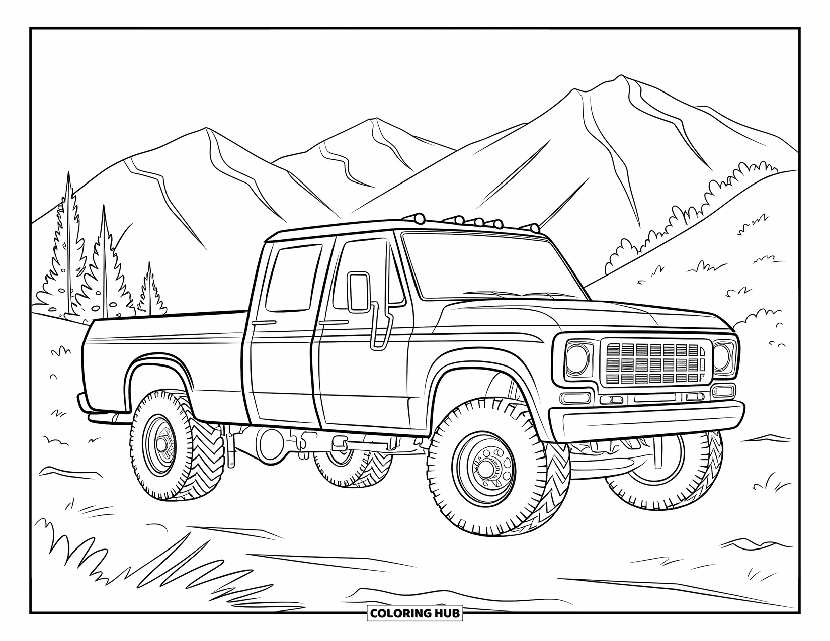 Diesel Truck Coloring Page for Kids: Diesel truck rests on dirt road with mountain backdrop