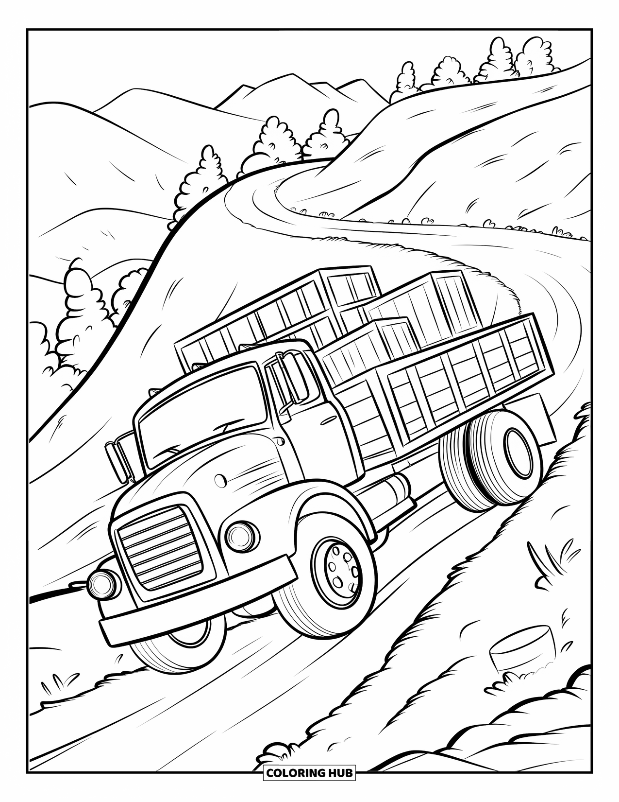 Diesel Truck Coloring Page for Kids: Diesel truck with flatbed of crates climbing hilly road