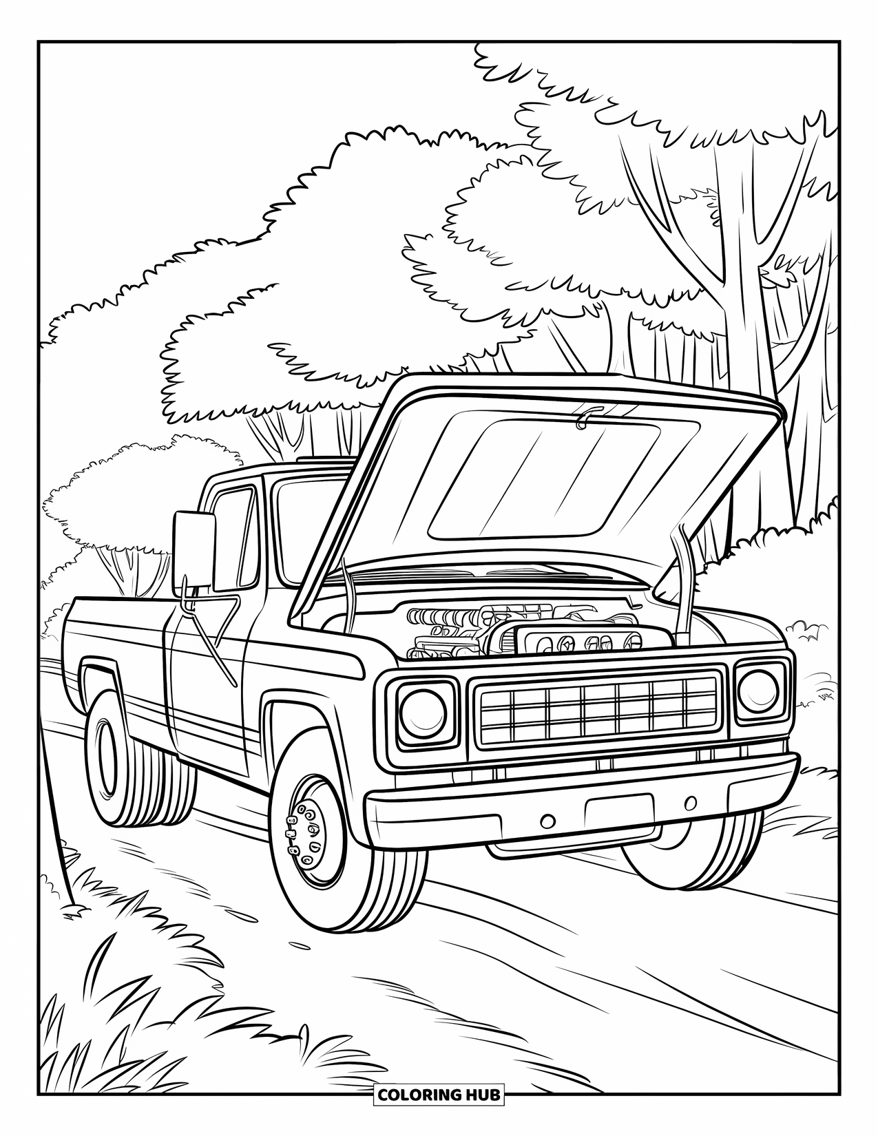 Diesel Truck Coloring Page for Kids: Diesel truck with hood open showing engine parts in forest