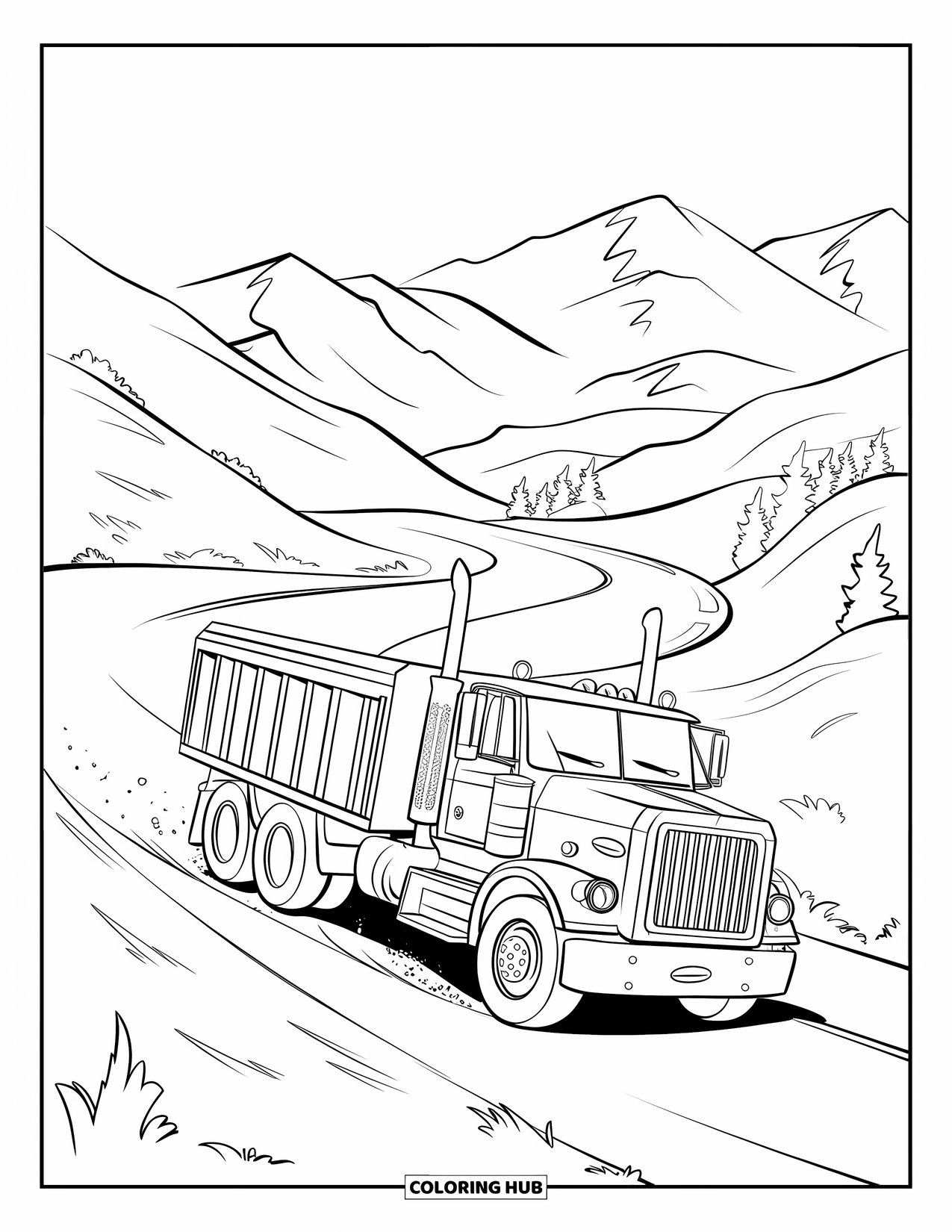 Diesel Truck Coloring Page for Kids: Diesel truck with large cargo bed climbing a mountain road