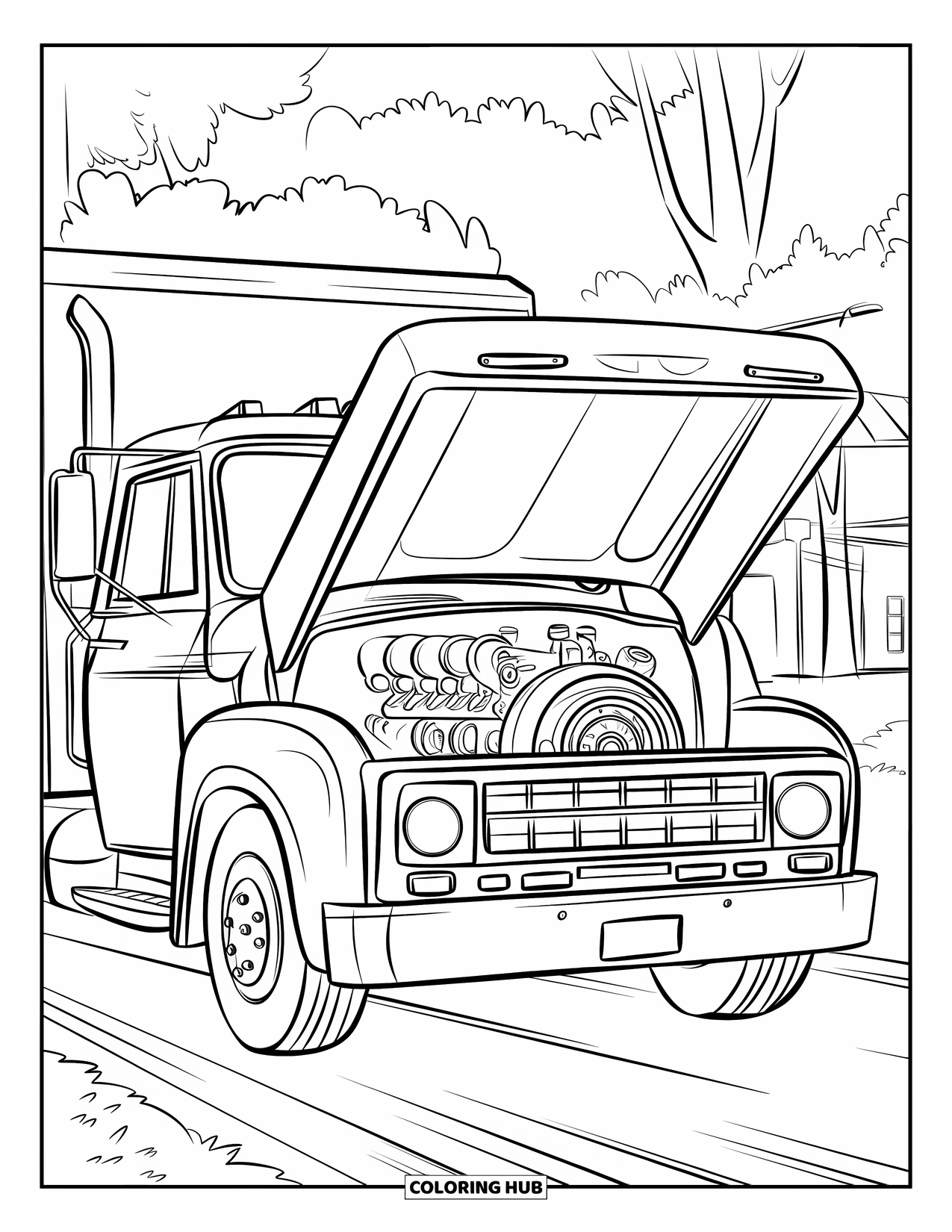 Diesel Truck Coloring Page for Kids: Diesel truck with open hood near building and trees