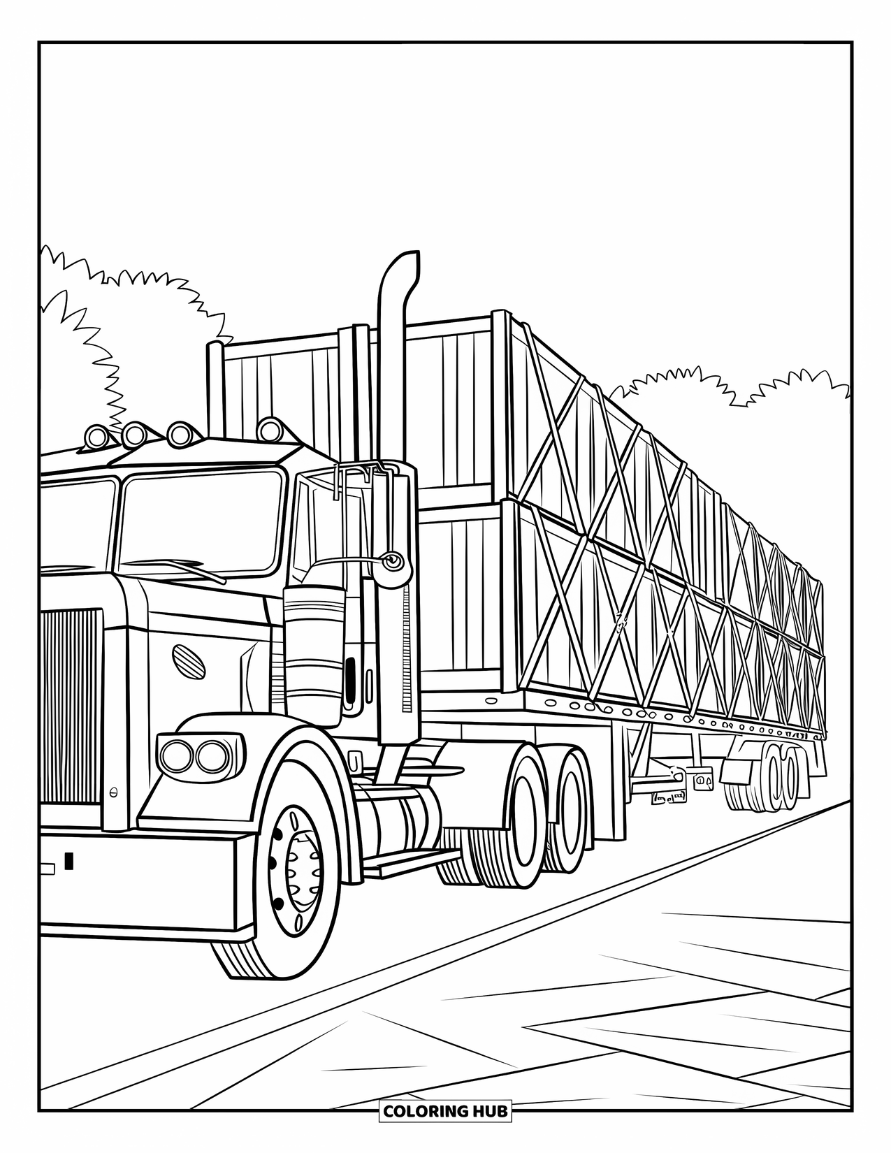 Diesel Truck Coloring Page for Kids: Flatbed diesel truck loaded with crates parked on a paved road