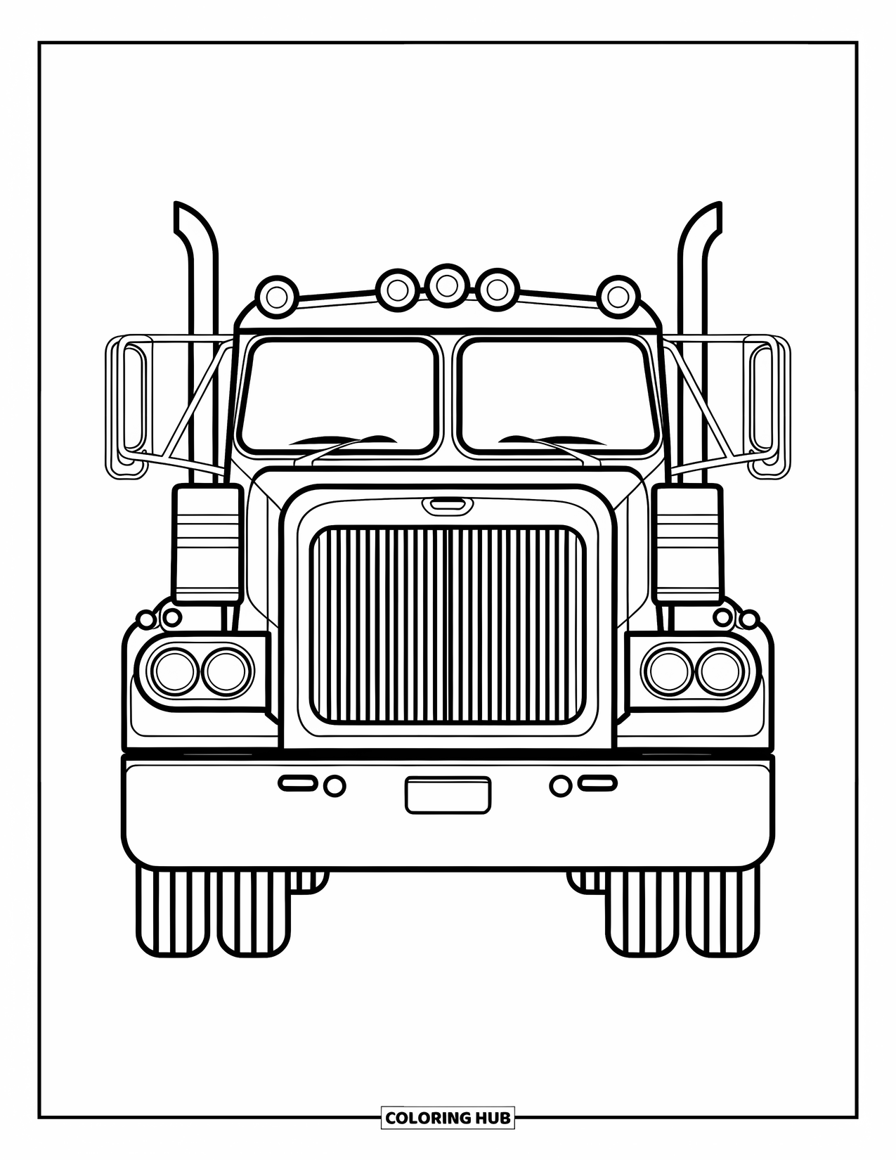 Diesel Truck Coloring Page for Kids: Front view of a cheerful truck with oversized grille and round headlights