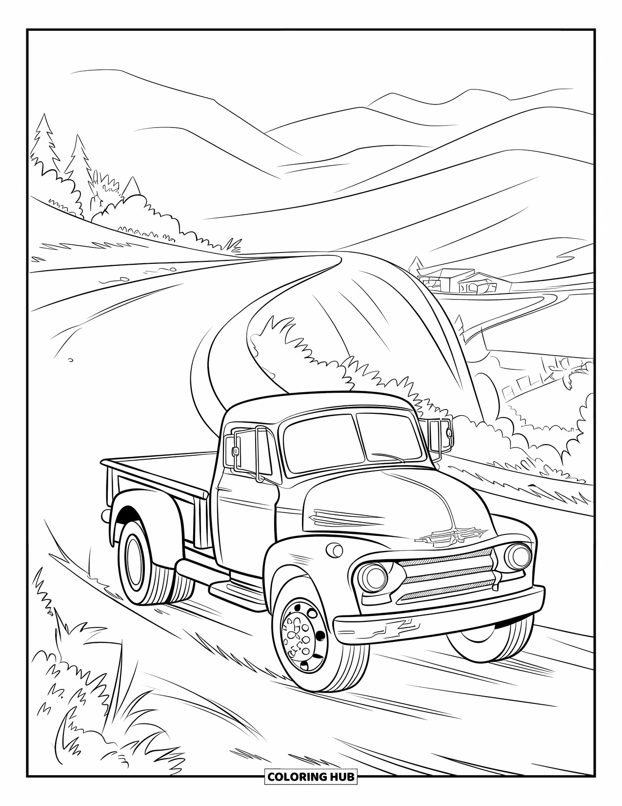 Diesel Truck Coloring Page for Kids: Retro diesel truck drives uphill on winding road with greenery