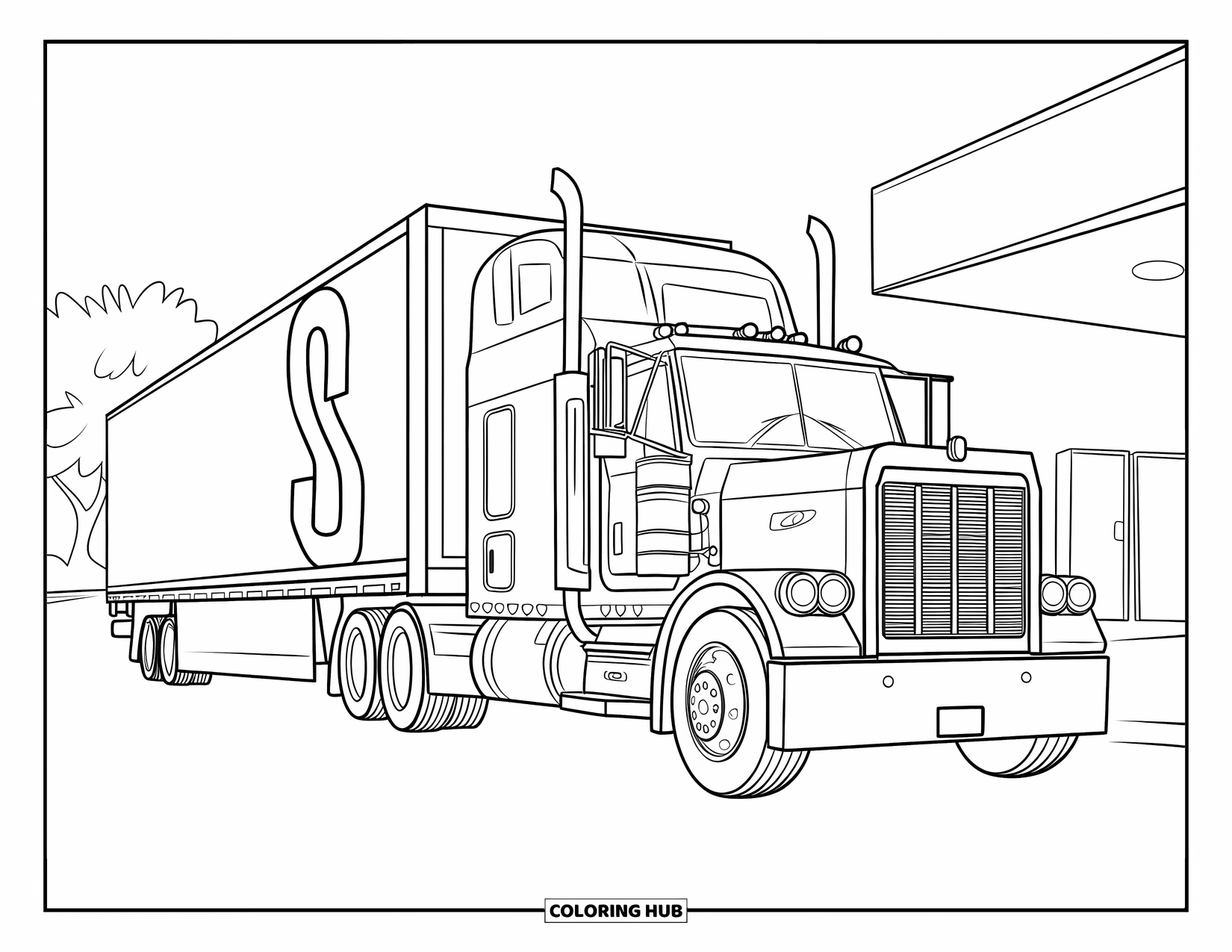 Diesel Truck Coloring Page for Kids: Truck beside trailer hitch and ramp with trees nearby