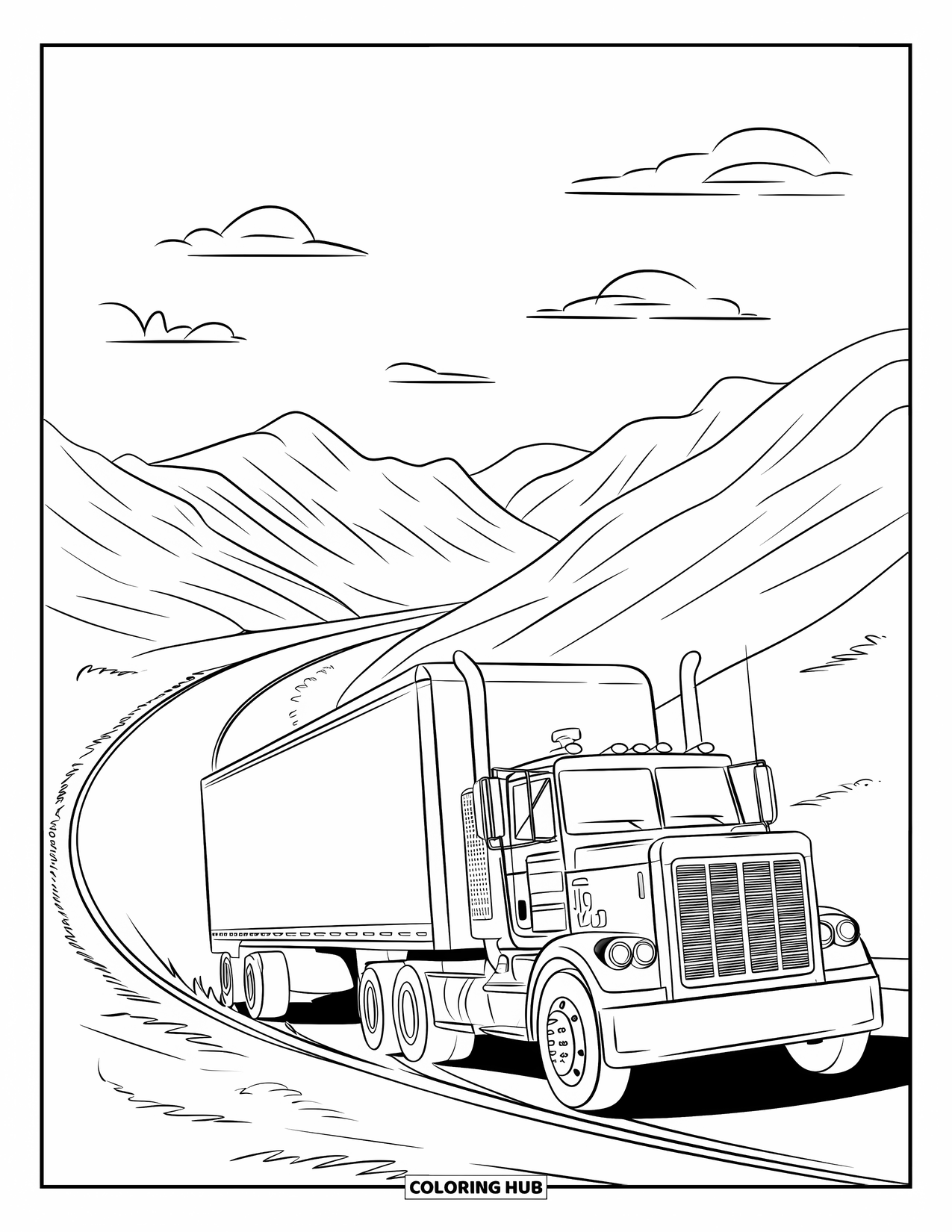 Diesel Truck Coloring Page for Kids: Truck climbs uphill on winding road with dust behind