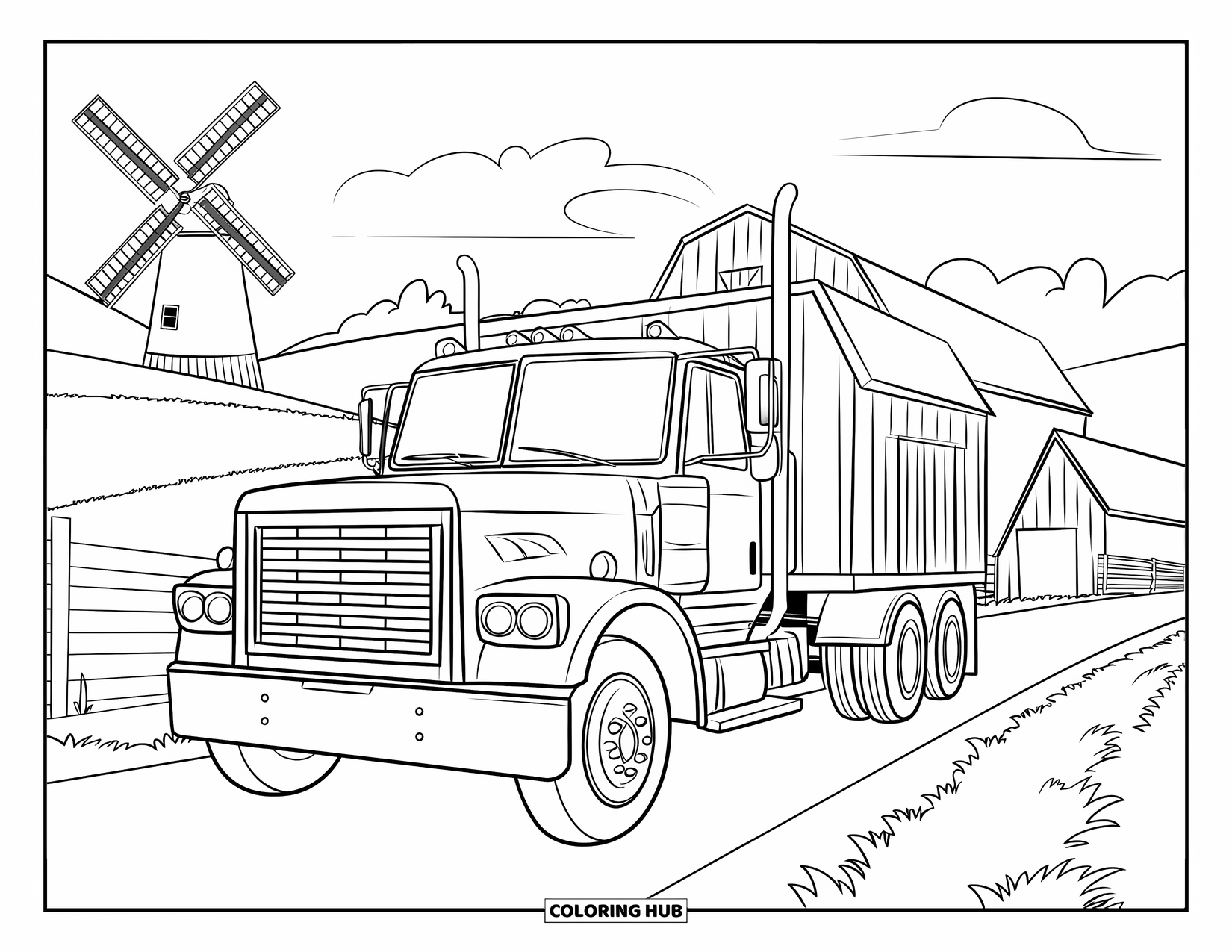 Diesel Truck Coloring Page for Kids: Truck on a farm road near barn, windmill, and fence