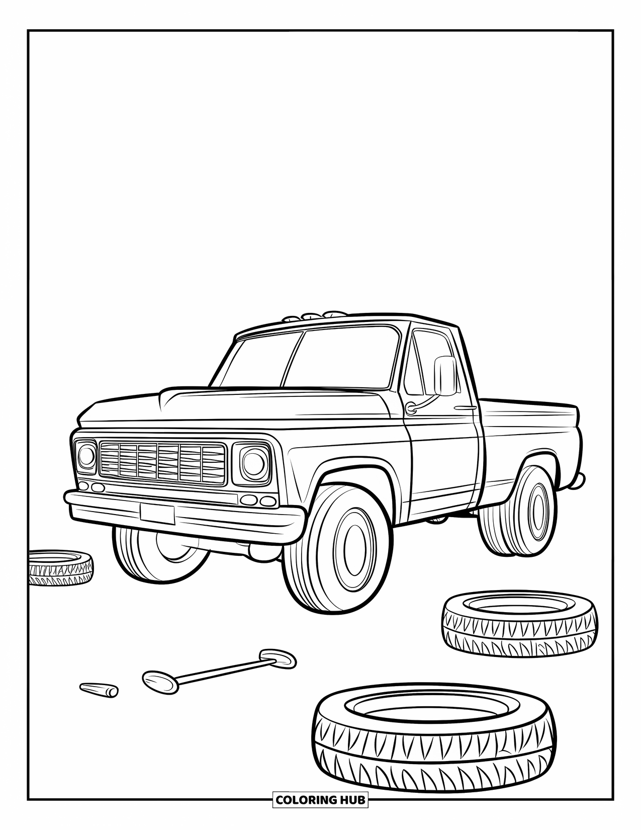 Diesel Truck Coloring Page for Kids: Truck parked in garage with tools and tires nearby