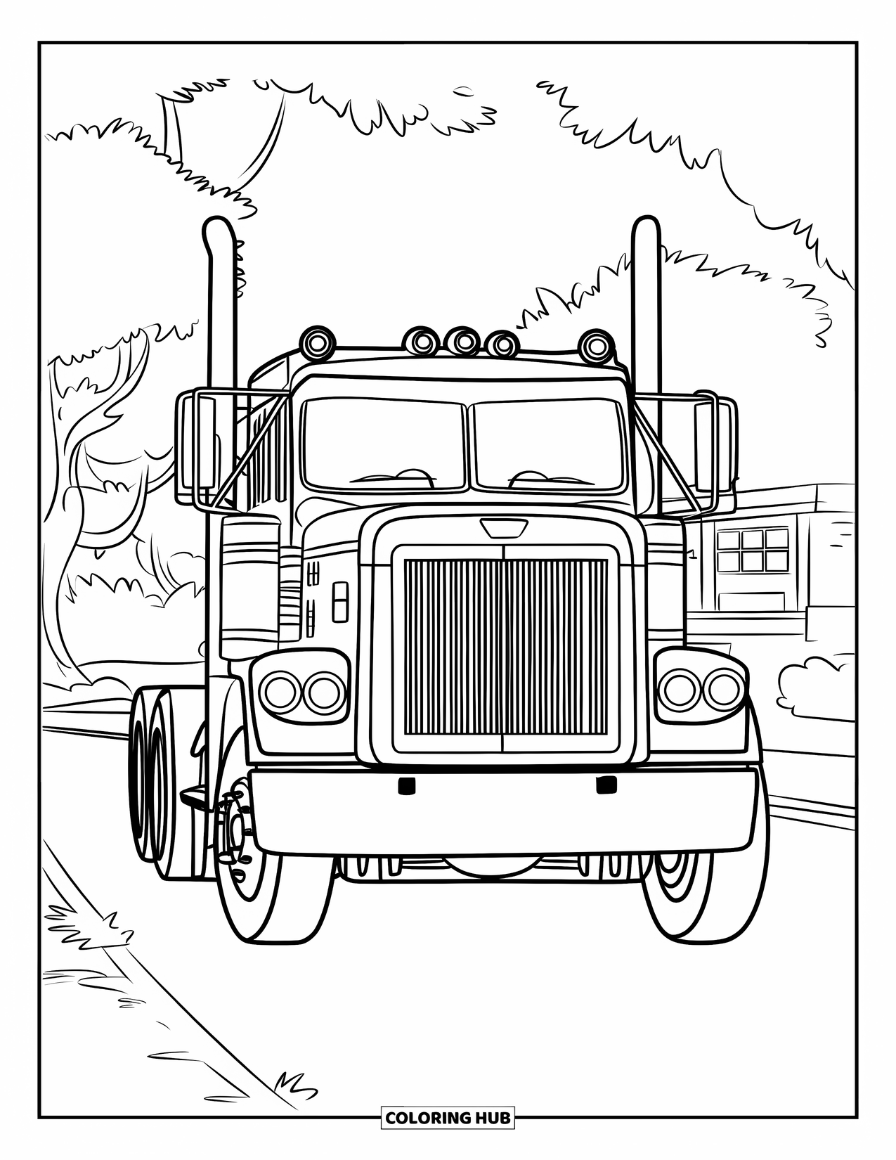 Diesel Truck Coloring Page for Kids: Truck with big grille and headlights parked on a road by trees