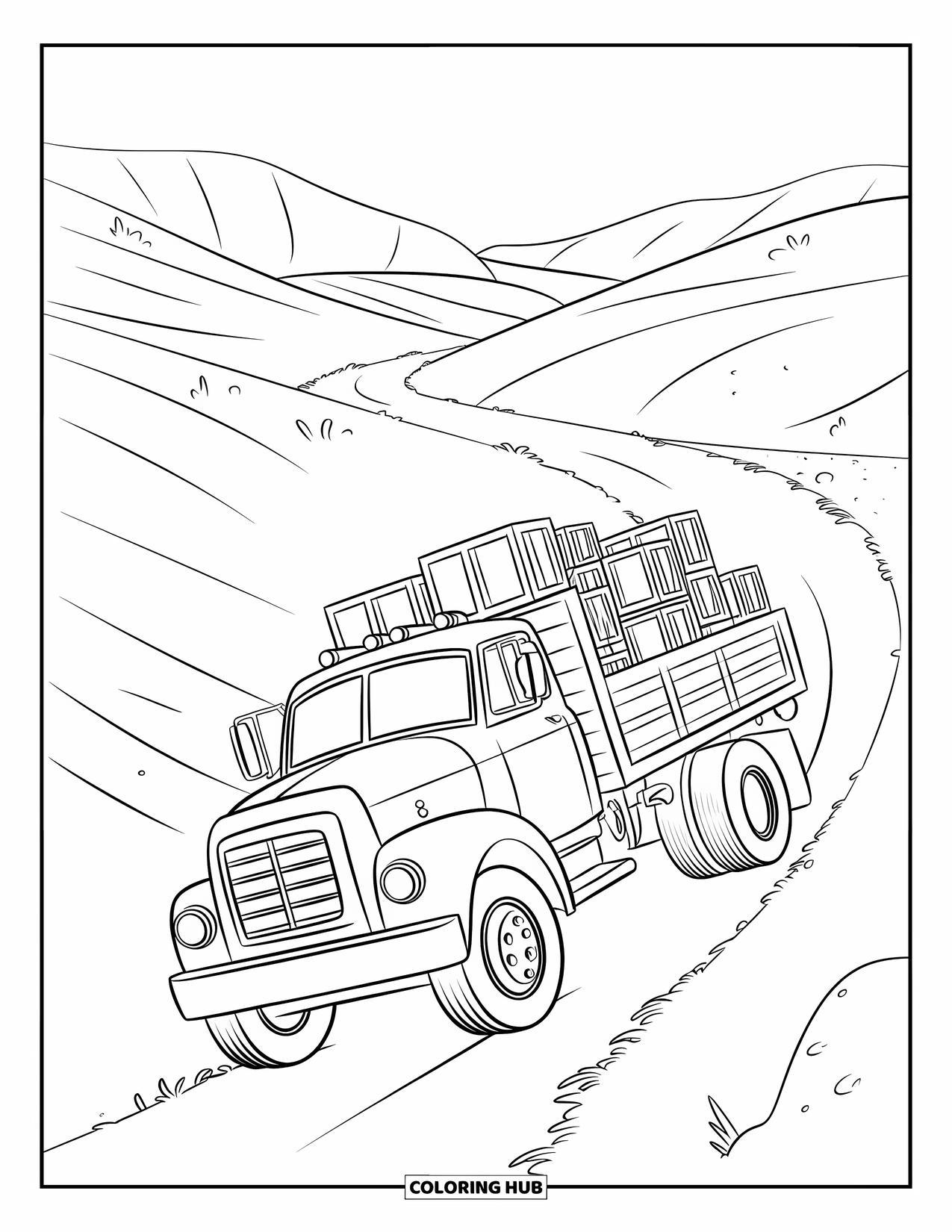 Diesel Truck Coloring Page for Kids: Truck with crates on curved road and bold rounded design