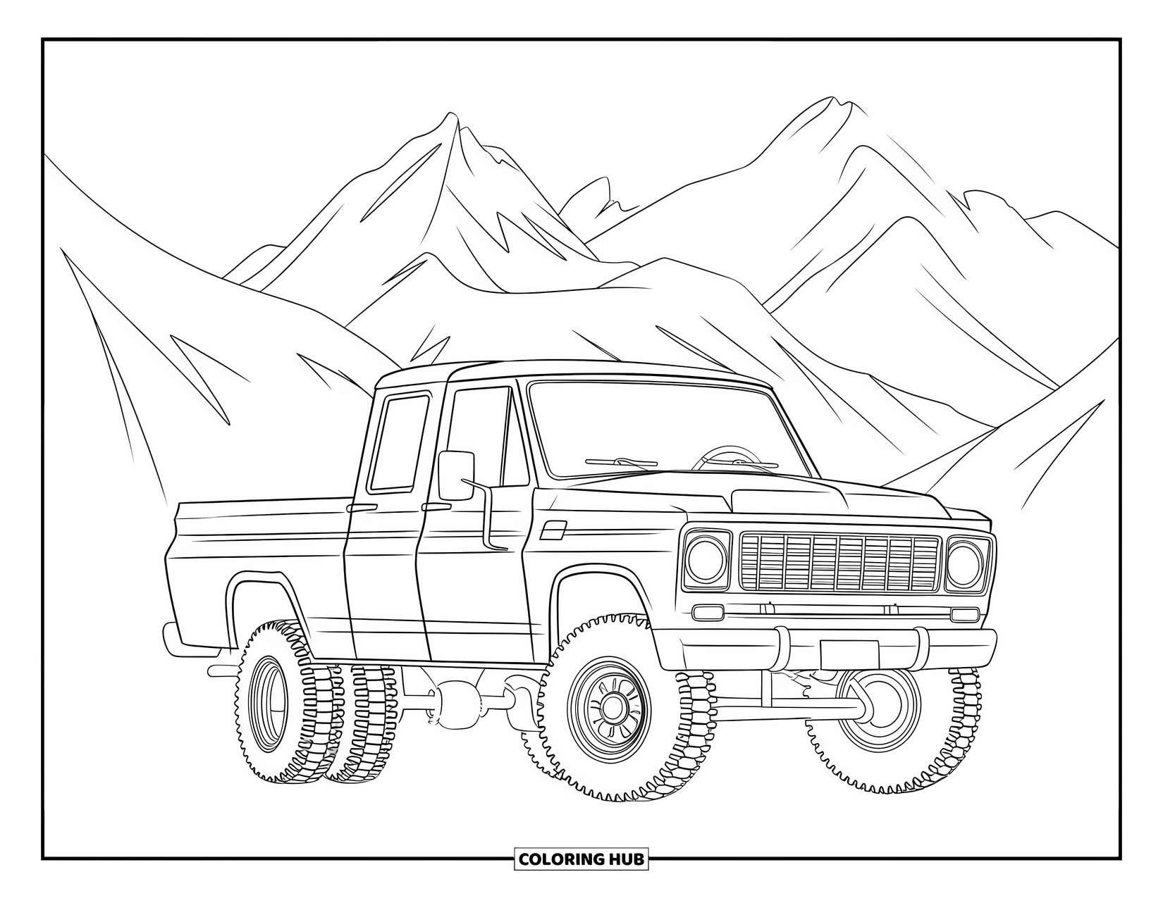 Diesel Truck Coloring Page for Kids: Truck with off-road tires parked by mountains and trees