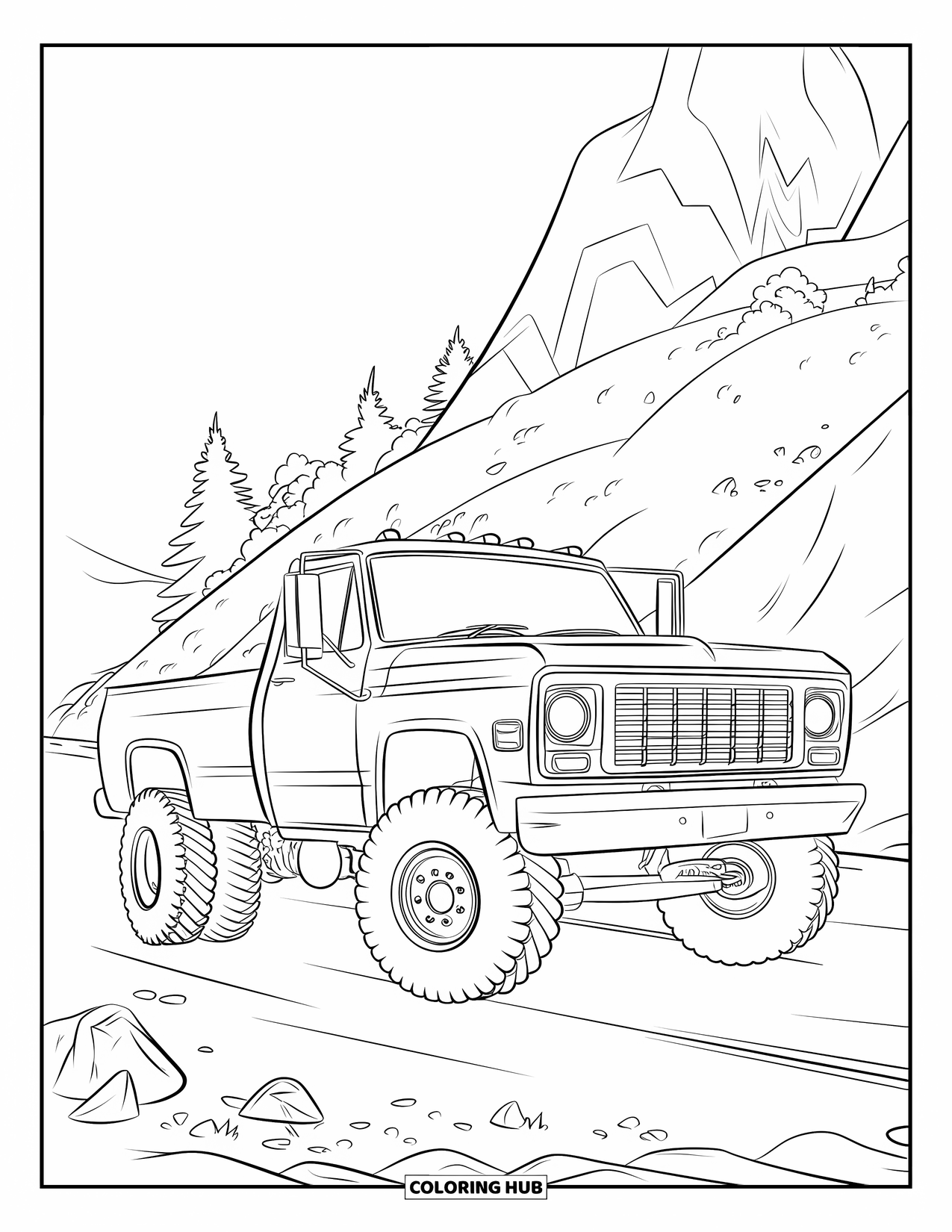 Diesel Truck Coloring Page for Kids: Truck with rugged grille on gravel road in mountains