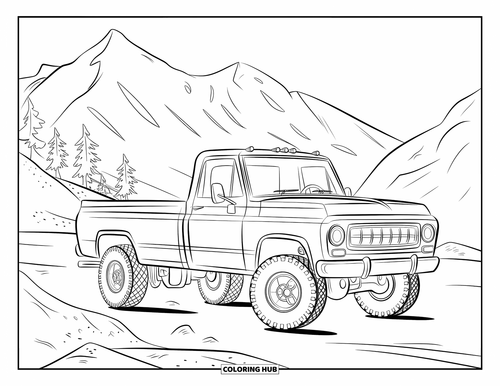 Diesel Truck Coloring Page for Kids: Truck with rugged tires near rocky mountains and clear sky
