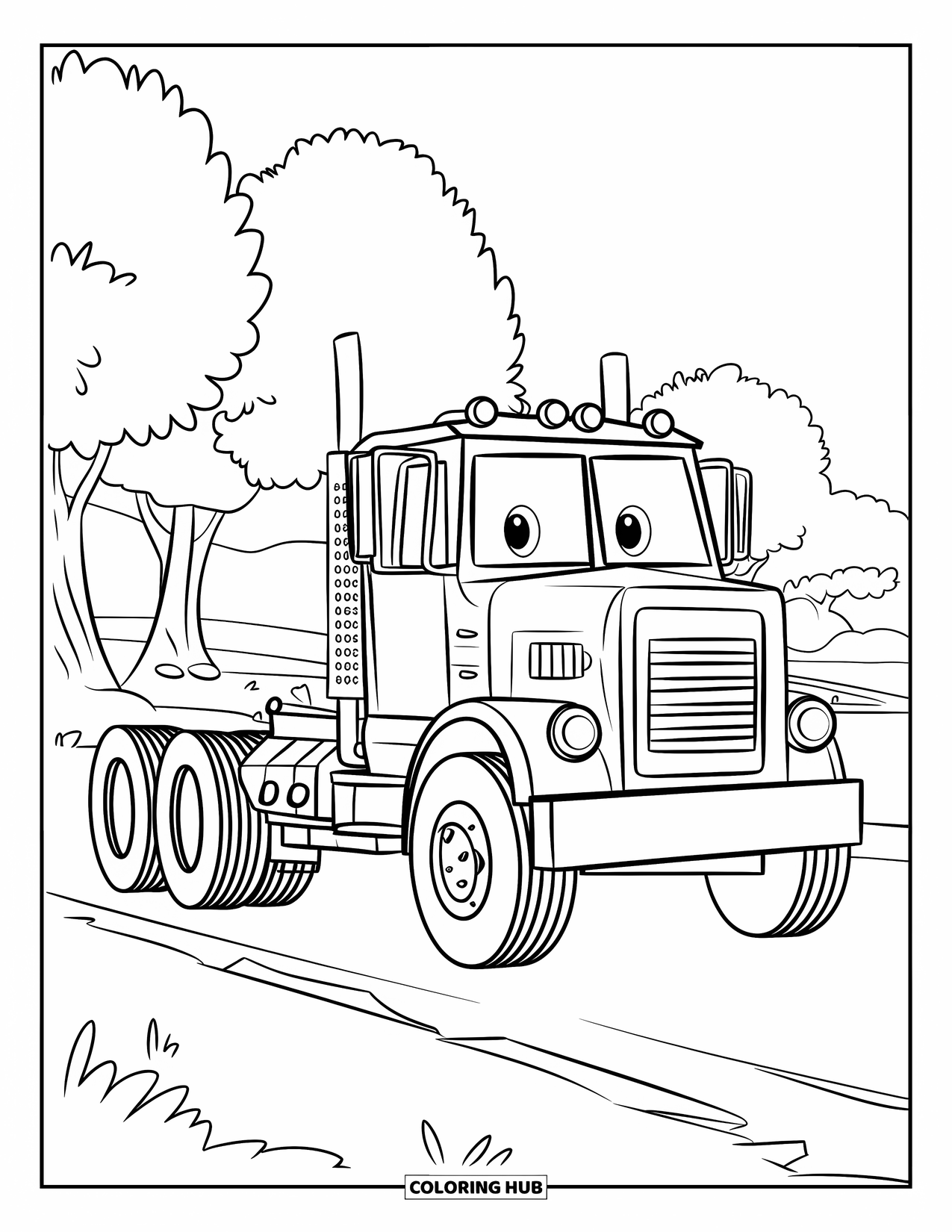 Diesel Truck Coloring Page for Kids: Truck with smiling headlights parked on a road with a few trees